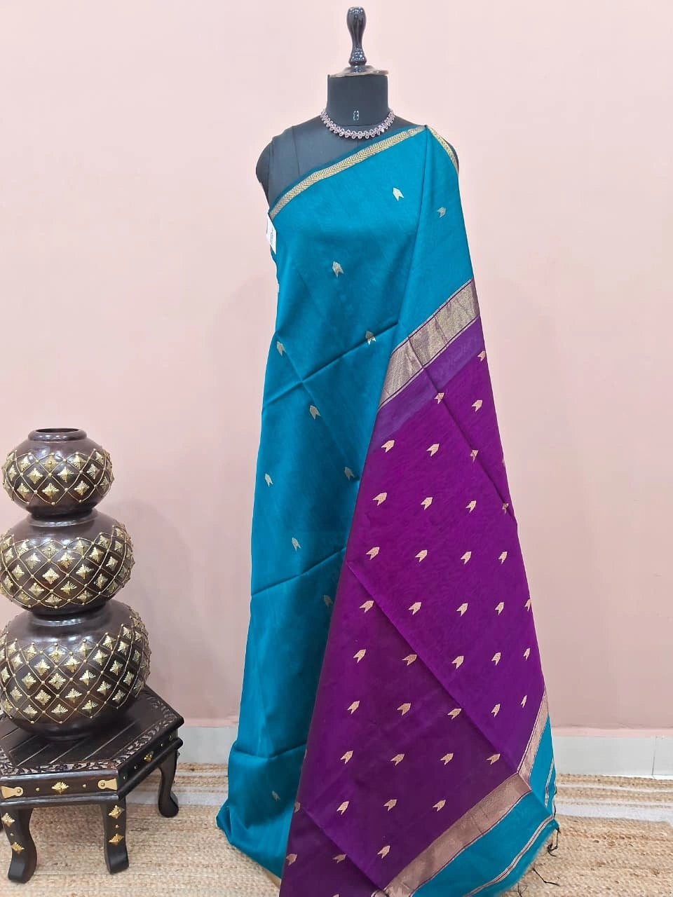 Caribbean Blue Pure Maheshwari Silk Saree