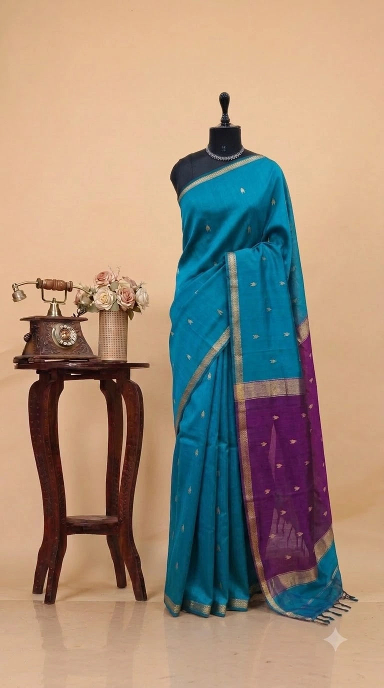 Caribbean Blue Pure Maheshwari Silk Saree