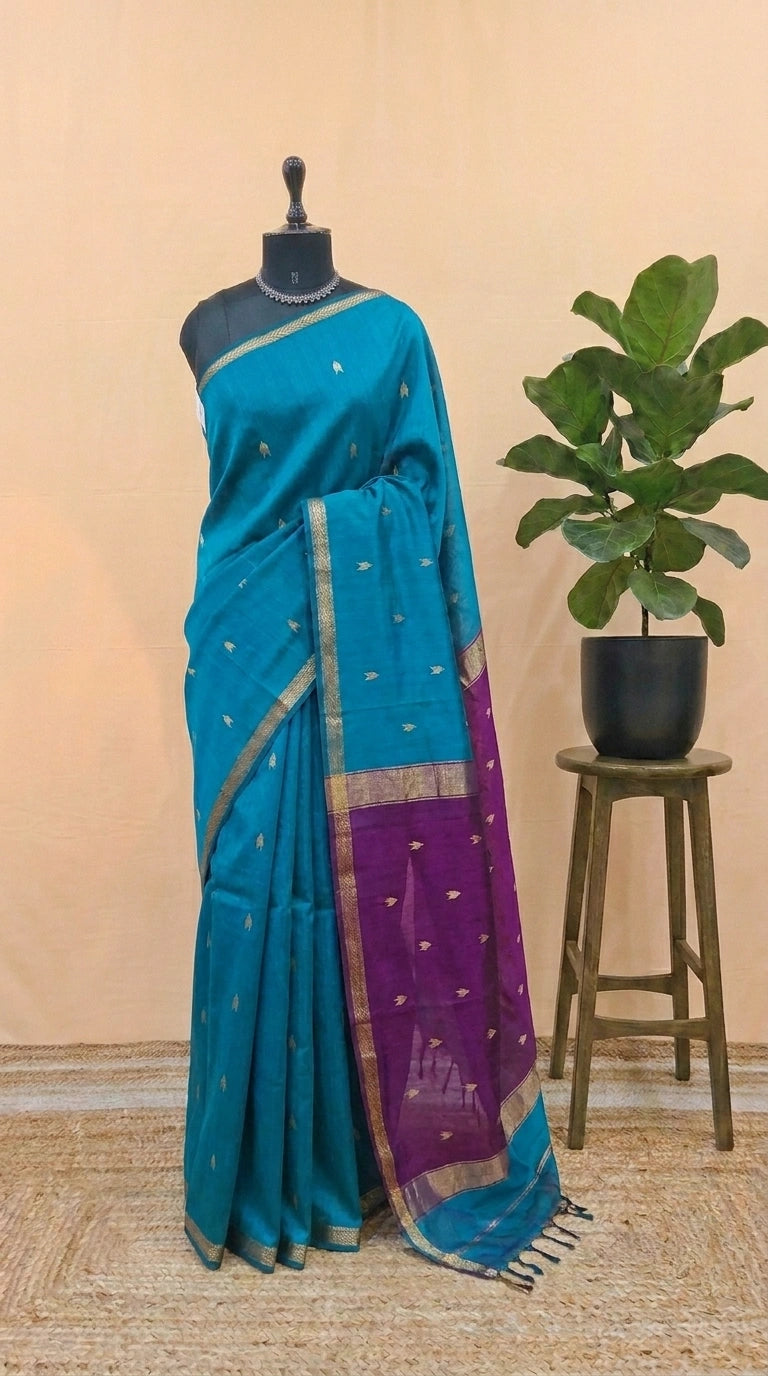 Caribbean Blue Pure Maheshwari Silk Saree