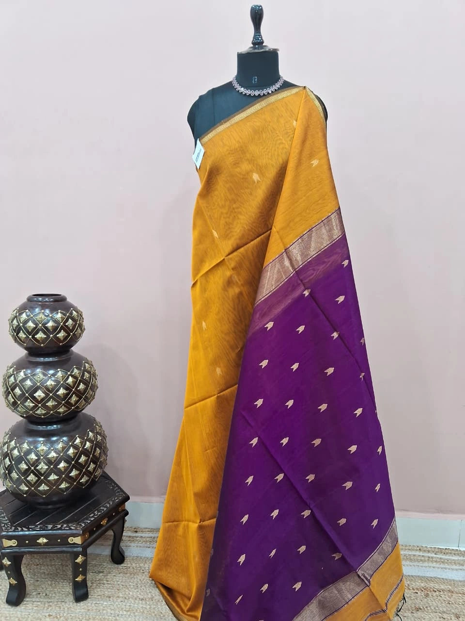 Mustard Yellow Pure Maheshwari Silk Saree
