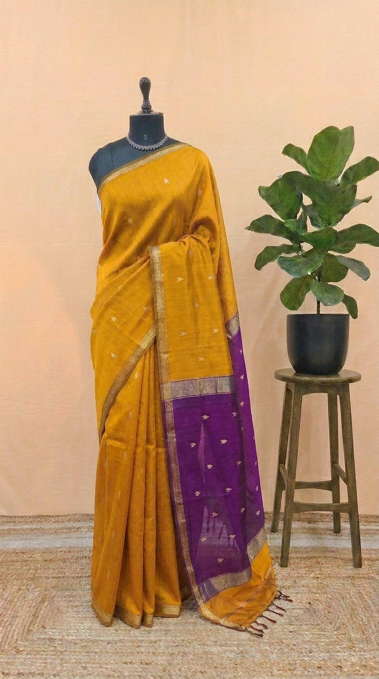 Mustard Yellow Pure Maheshwari Silk Saree
