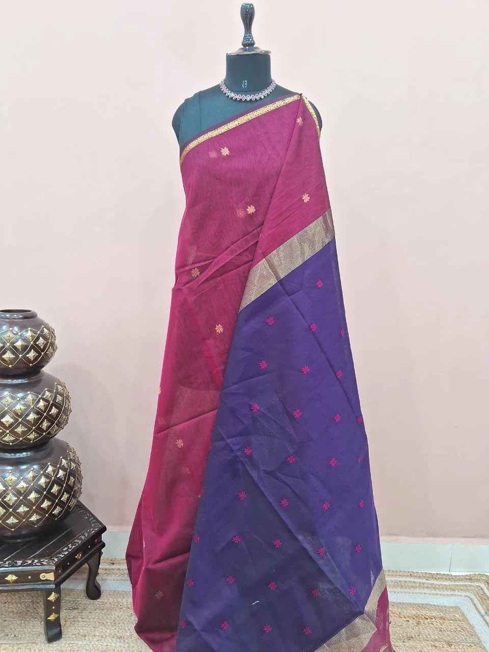 Raspberry Pink Pure Maheshwari Silk Saree 