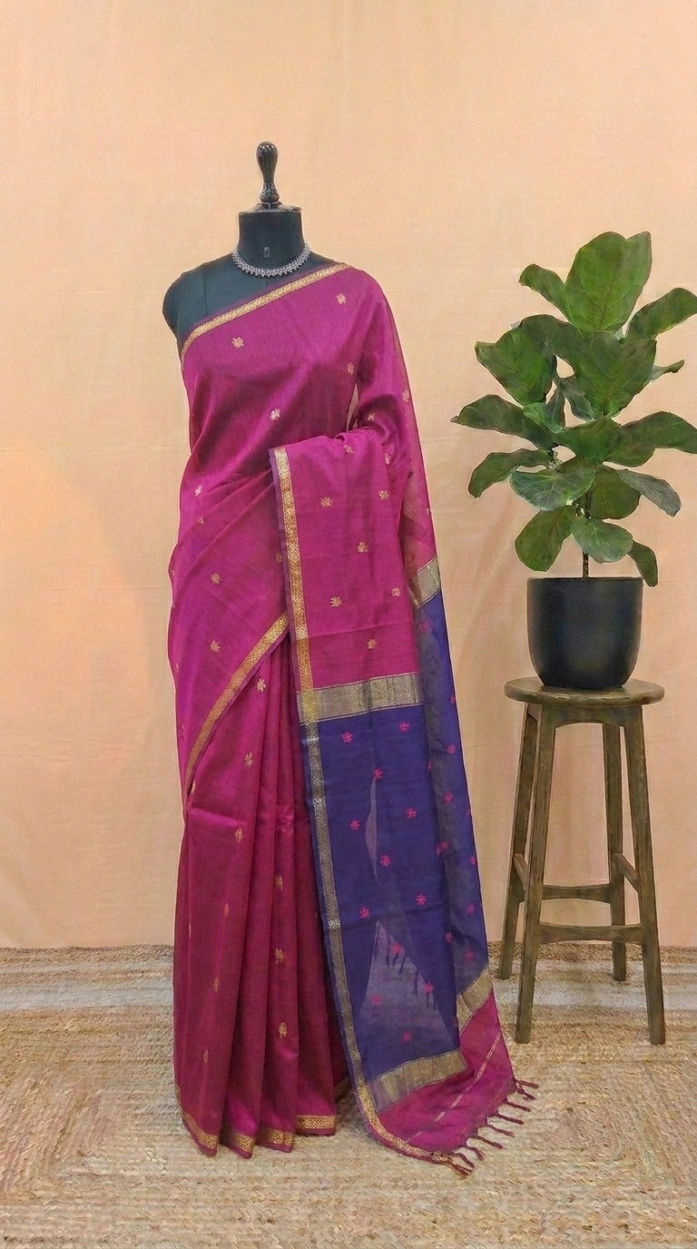 Raspberry Pink Pure Maheshwari Silk Saree