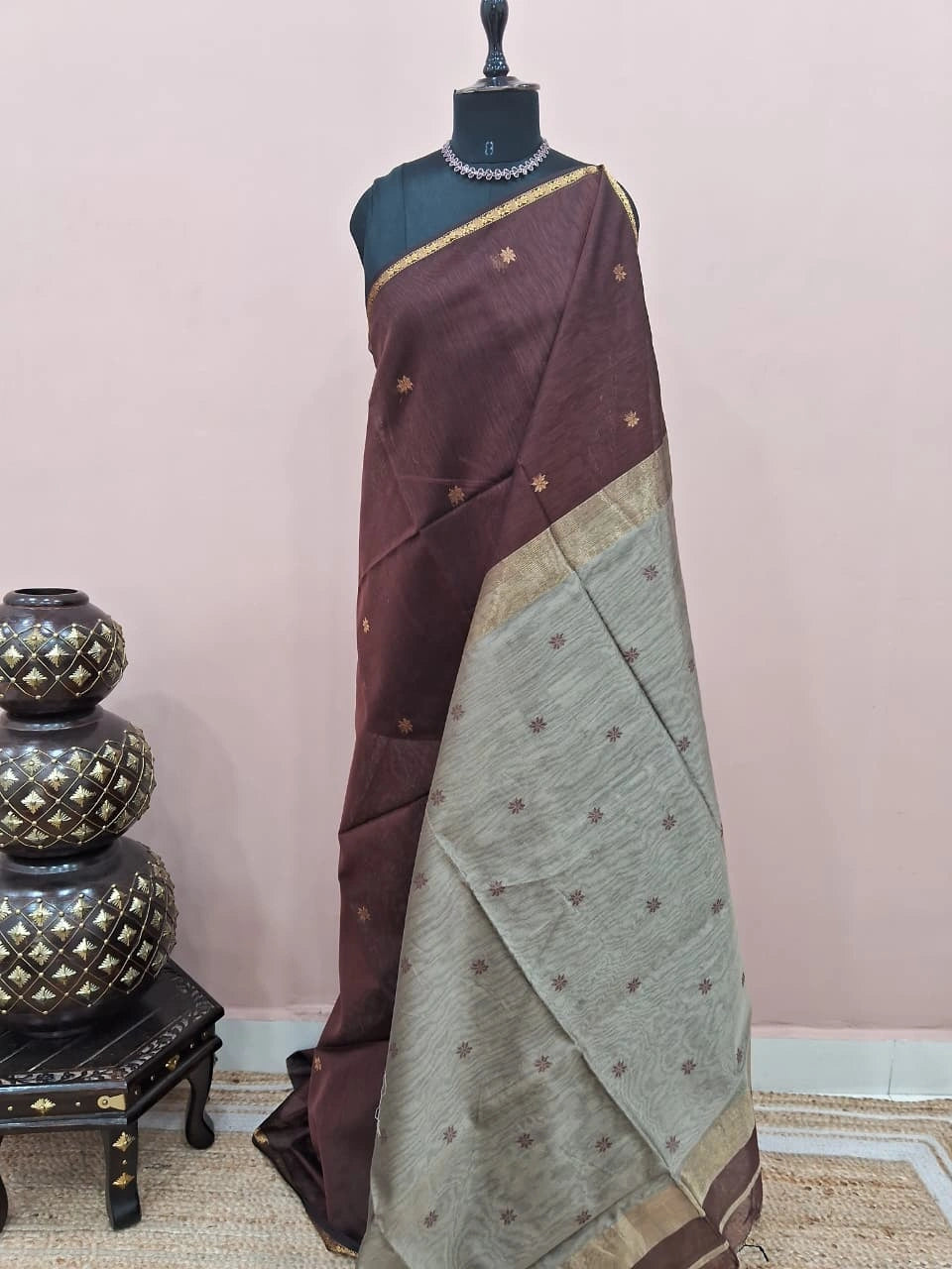 Chocolate Brown Pure Maheshwari Silk Saree