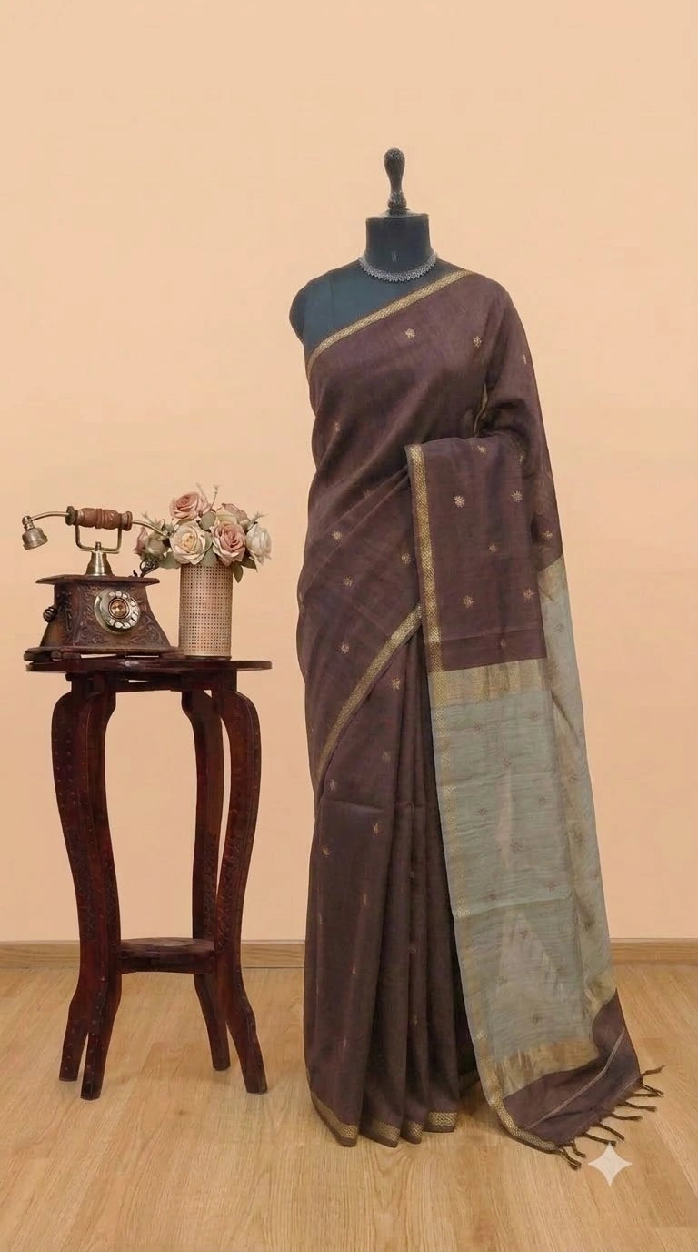 Chocolate Brown Pure Maheshwari Silk Saree