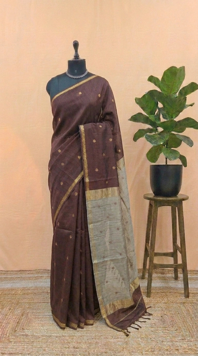 Chocolate Brown Pure Maheshwari Silk Saree