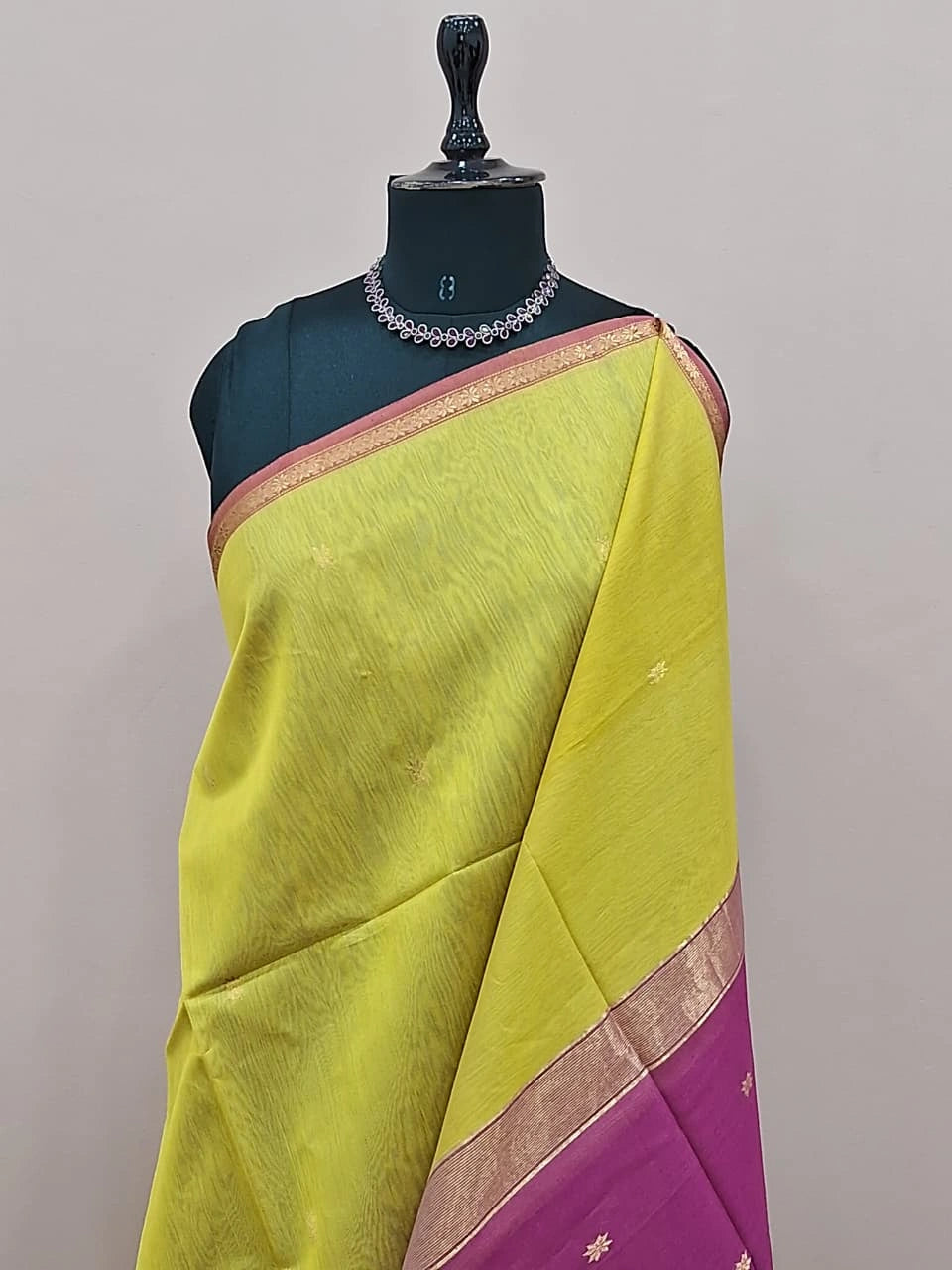 Lime Yellow Pure Maheshwari Silk Saree 1