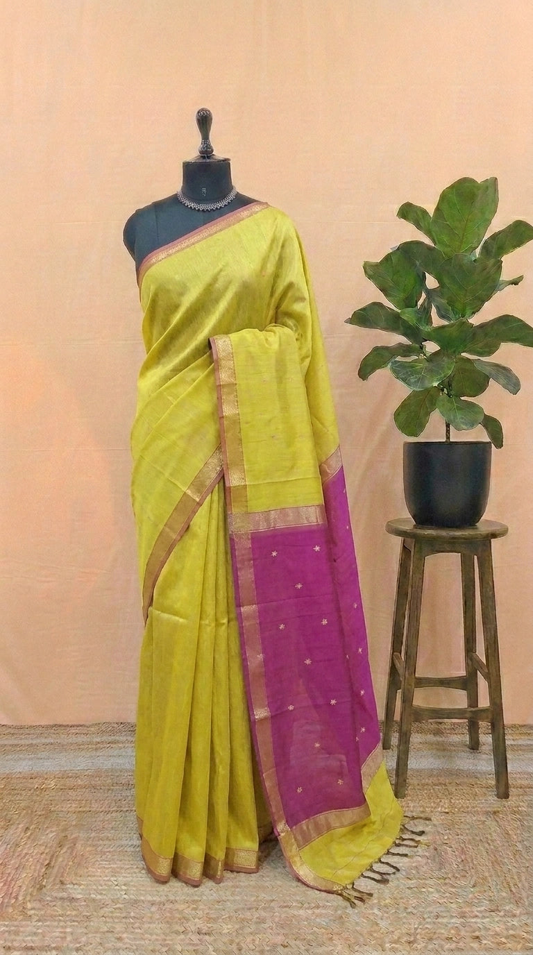 Lime Yellow Pure Maheshwari Silk Saree