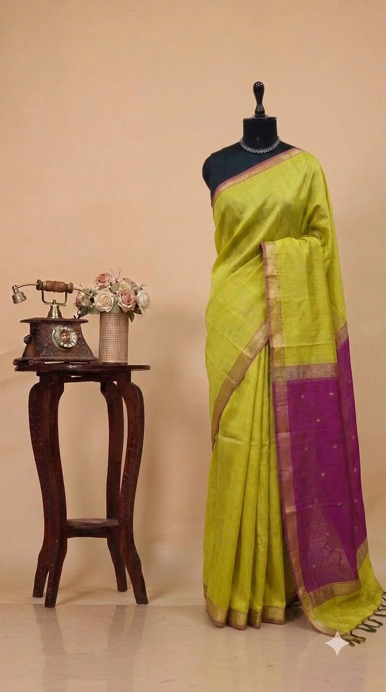 Lime Yellow Pure Maheshwari Silk Saree