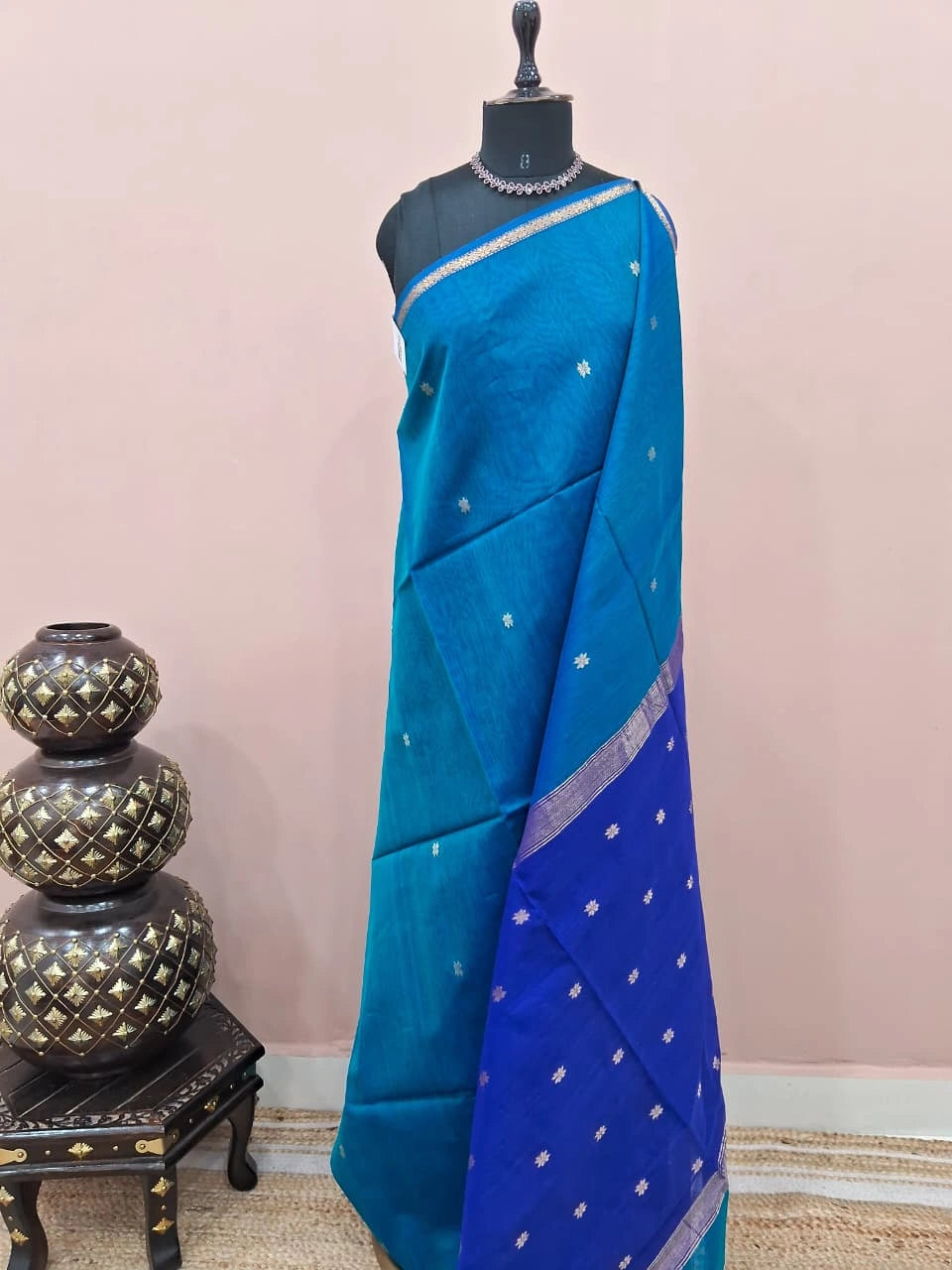 Teal Blue Pure Maheshwari Silk Saree