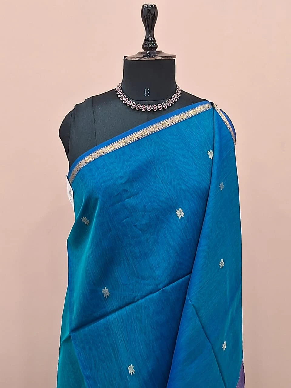 Teal Blue Pure Maheshwari Silk Saree 1