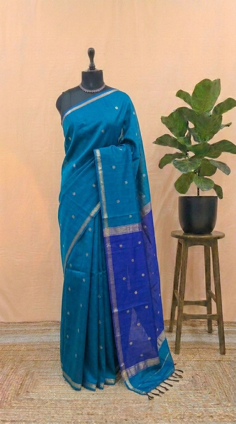 Teal Blue Pure Maheshwari Silk Saree