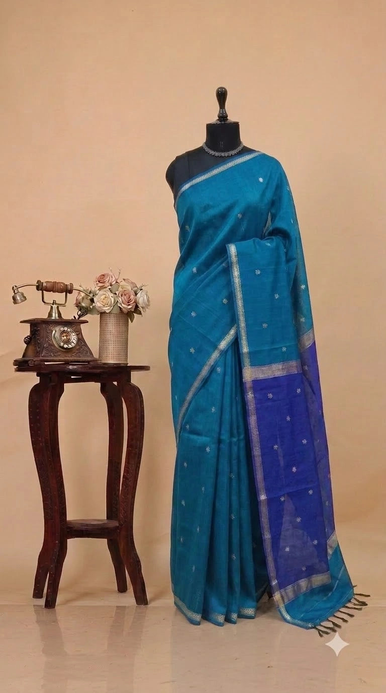 Teal Blue Pure Maheshwari Silk Saree