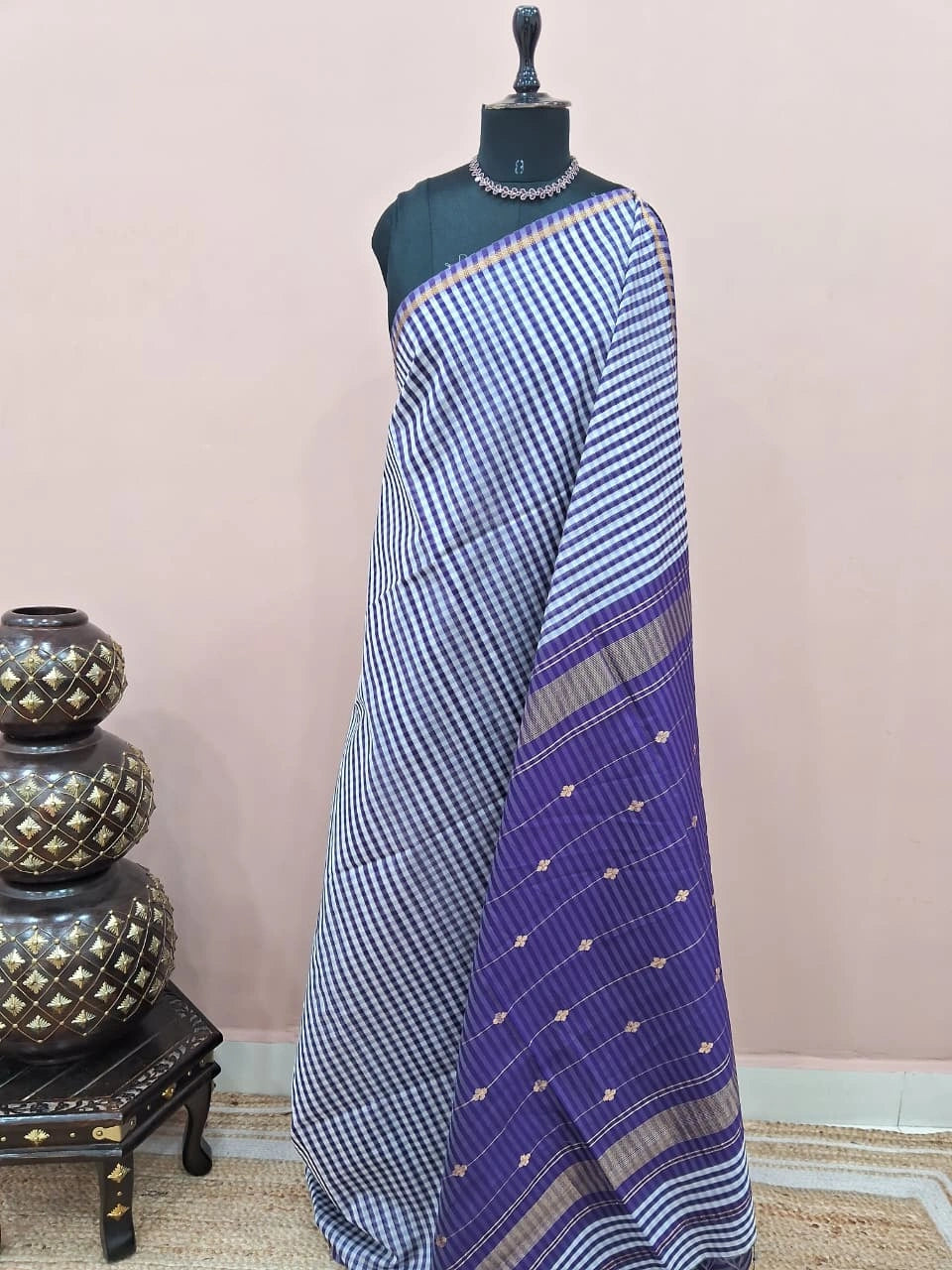 Traditional Purple and White Pure Maheshwari Silk Saree