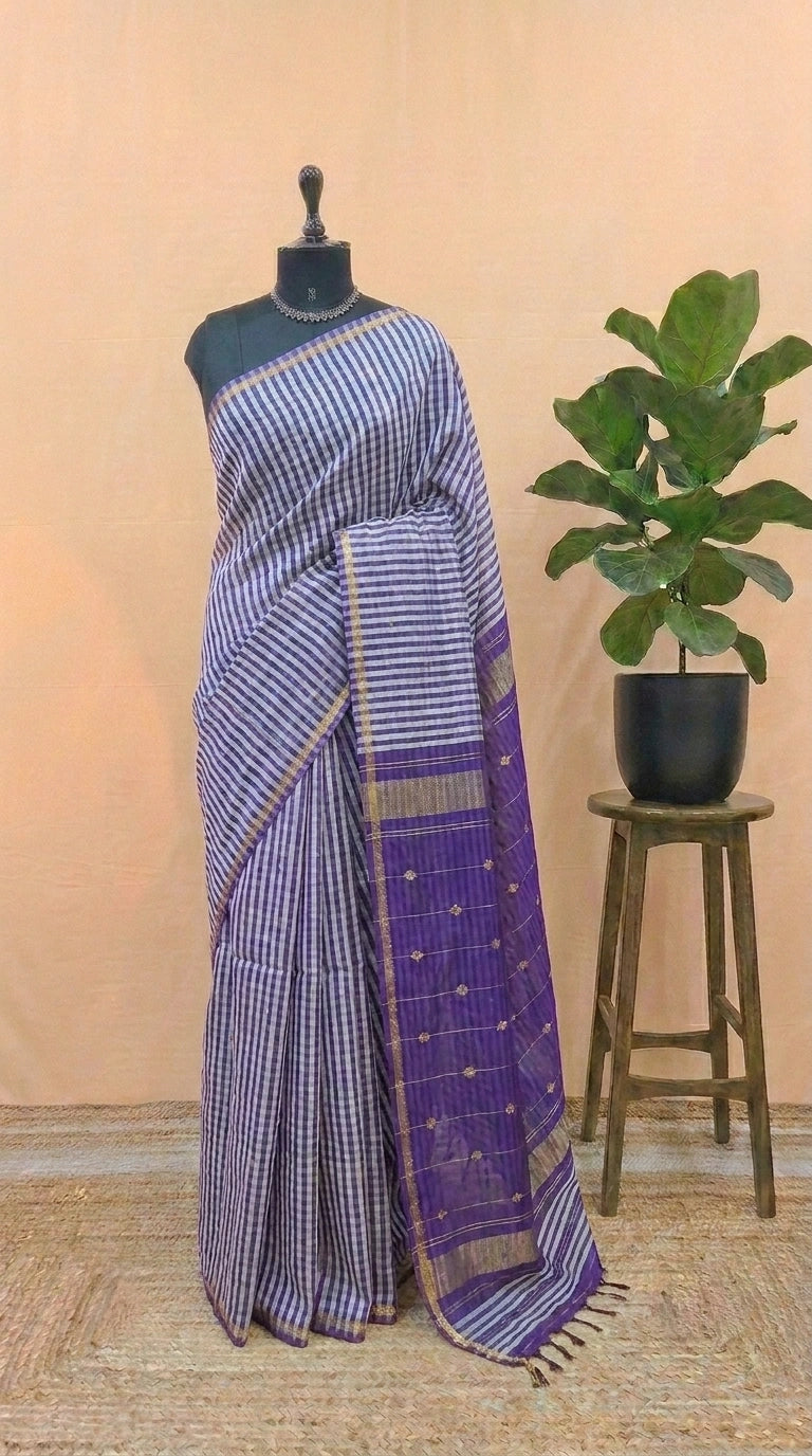 Traditional Purple and White Pure Maheshwari Silk Saree 
