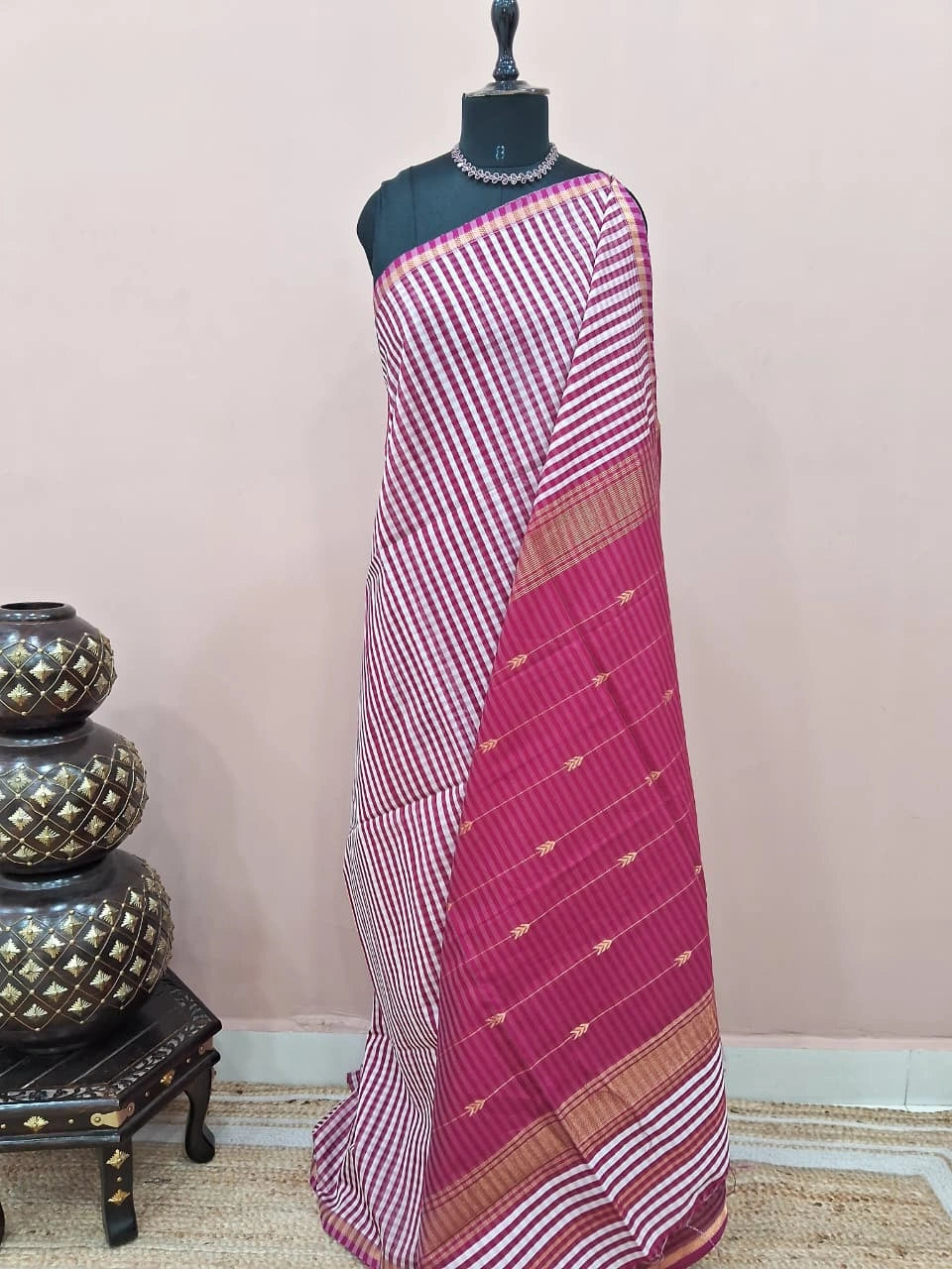 Pink and White Pure Maheshwari Silk Saree