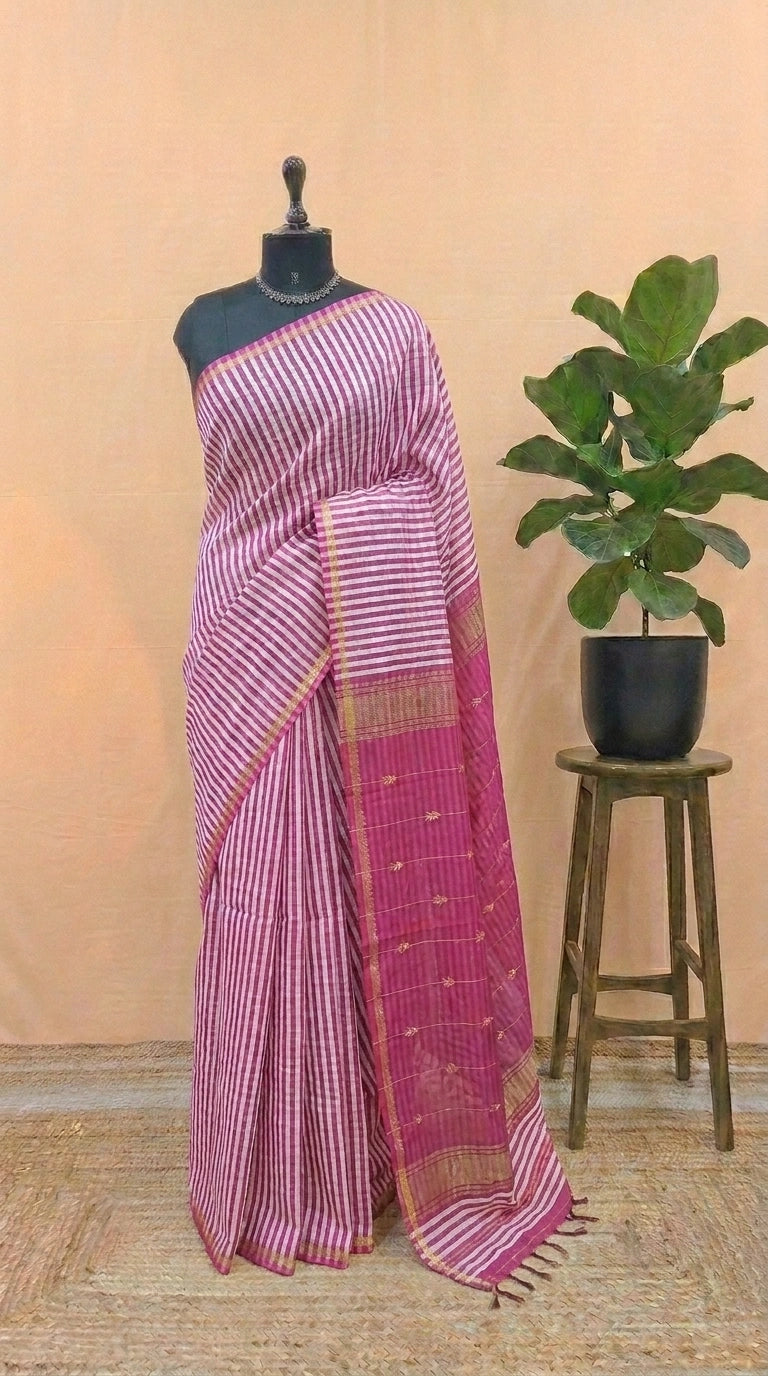 Pink and White Pure Maheshwari Silk Saree