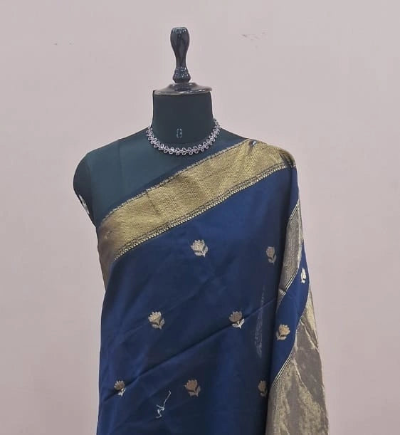 Navy Blue Pure Maheshwari Silk Saree 1