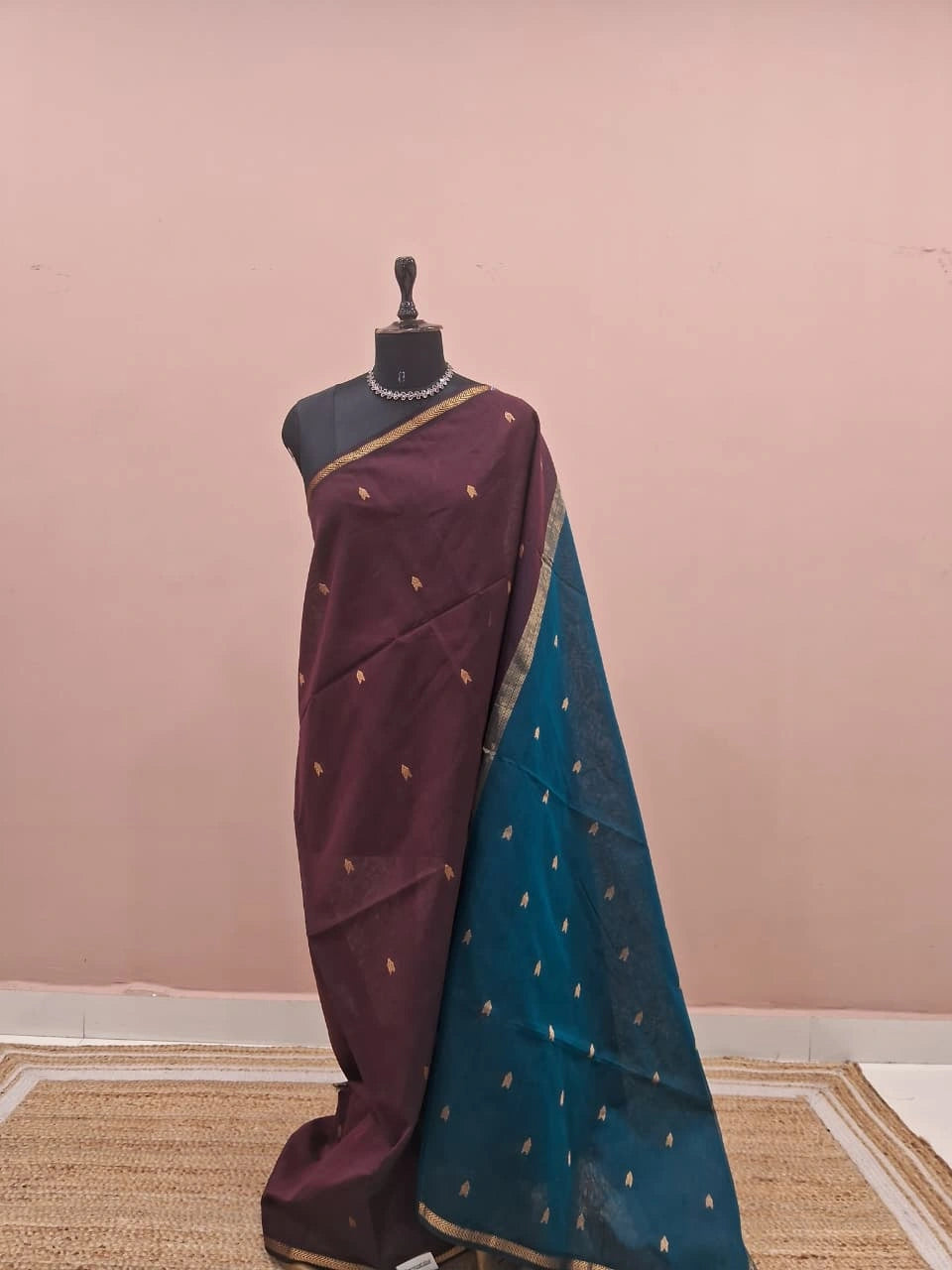 Dark Walnut Brown Pure Maheshwari Silk Saree