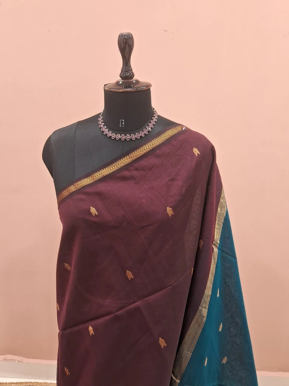 Dark Walnut Brown Pure Maheshwari Silk Saree 1