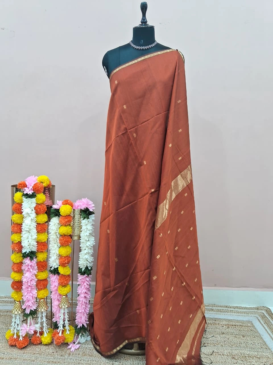 Rust Brown Pure Maheshwari Silk Saree