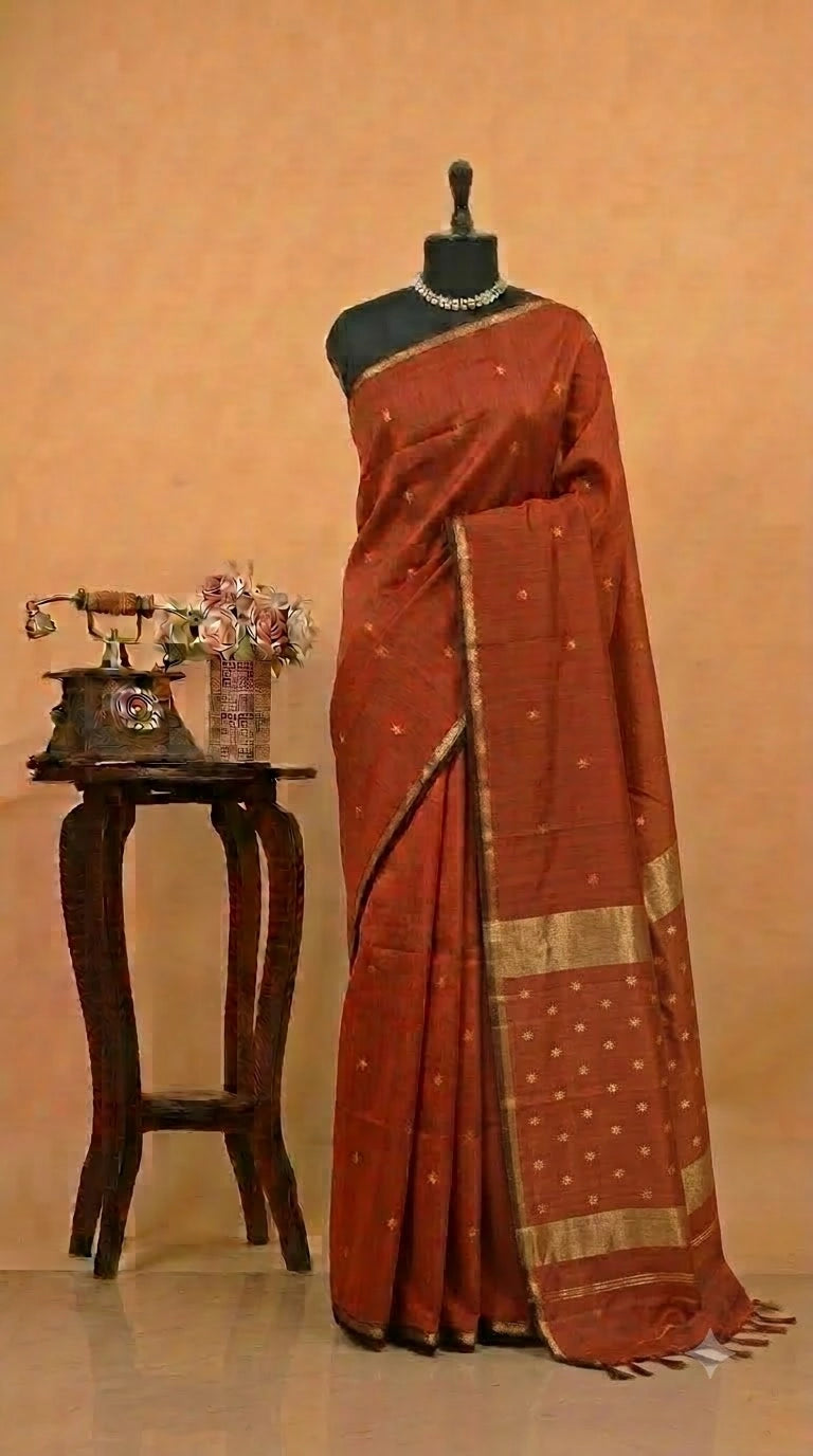 Rust Brown Pure Maheshwari Silk Saree