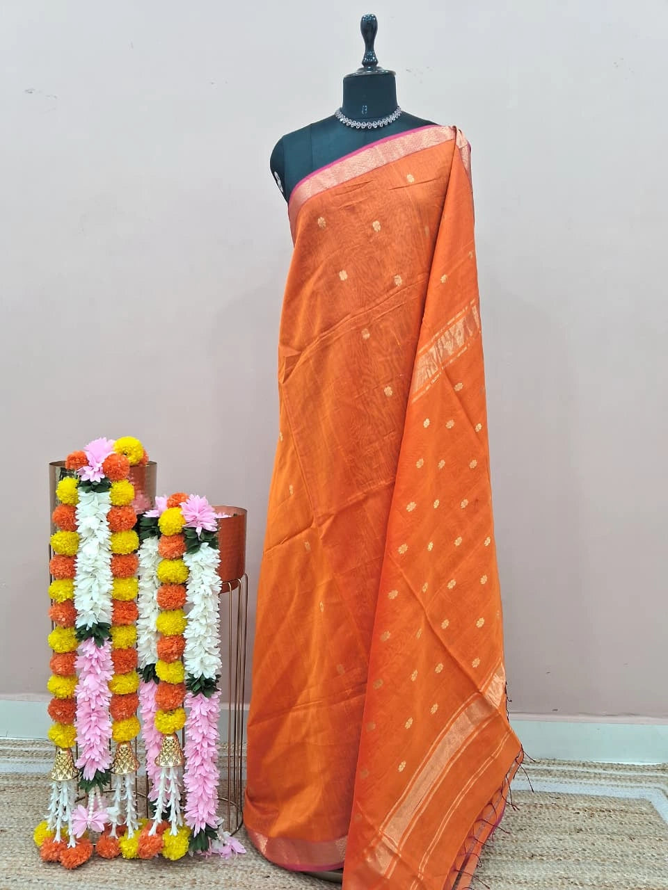 Burnt Orange Pure Maheshwari Silk Saree