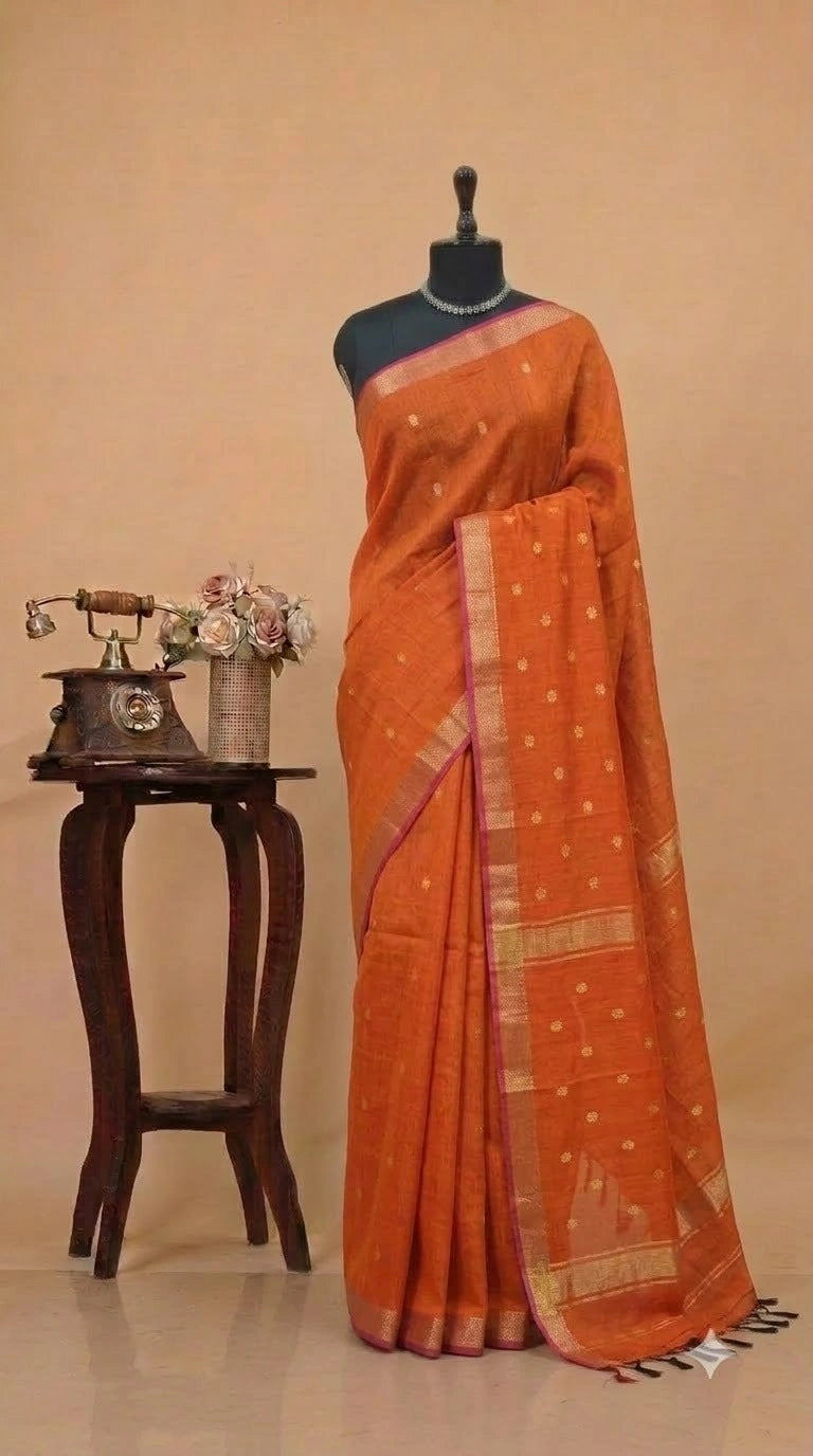 Burnt Orange Pure Maheshwari Silk Saree