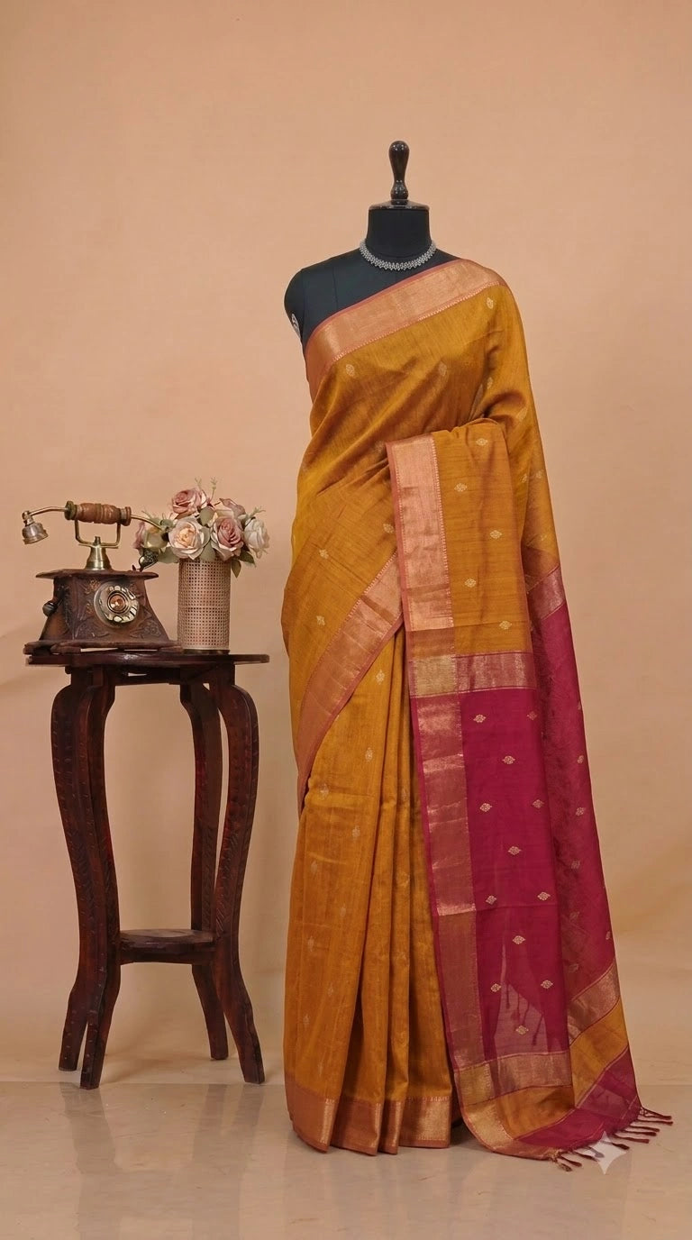 Mustard Gold Pure Maheshwari Silk Saree 