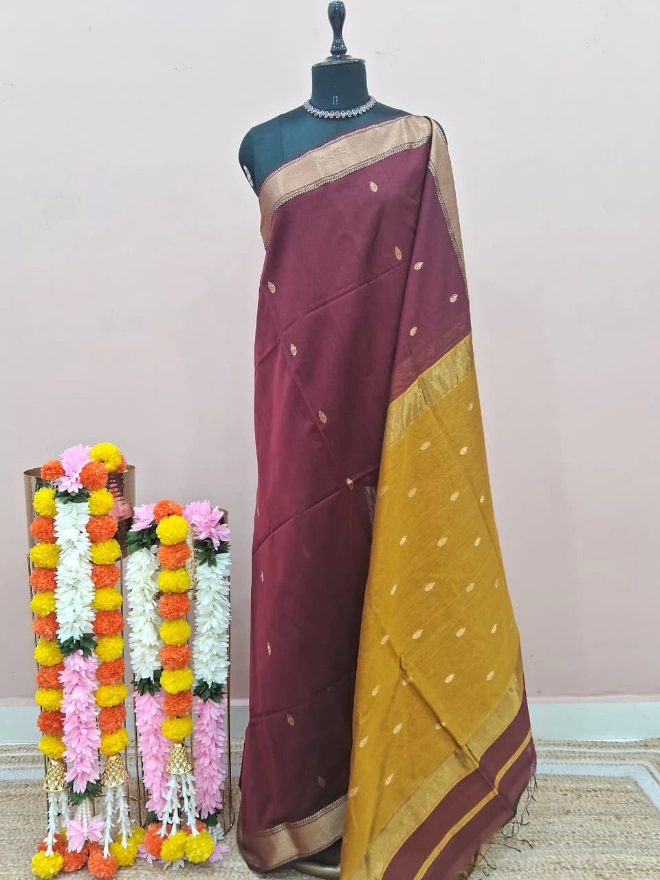 Maroon Pure Maheshwari Silk Saree