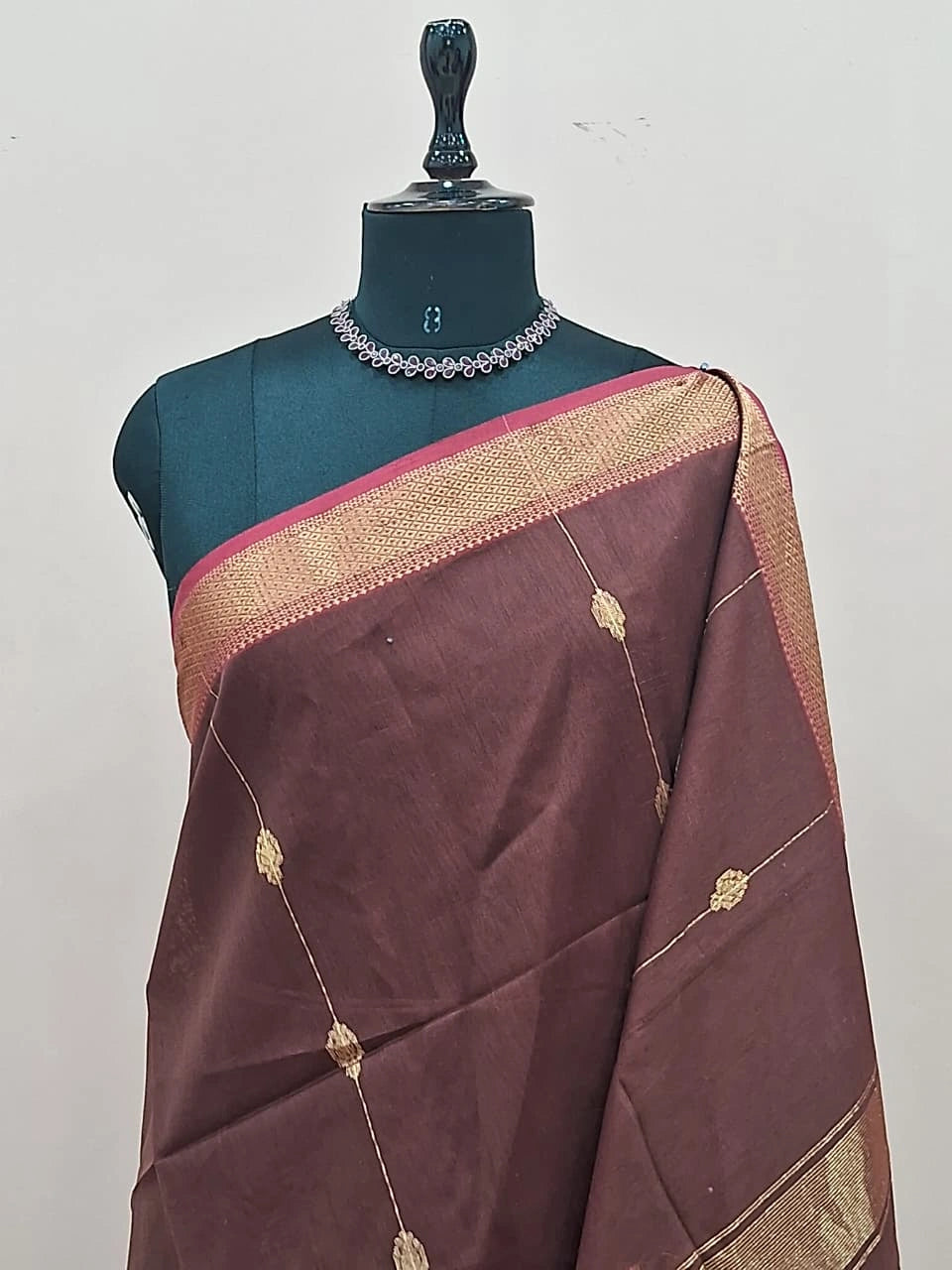 Dark Walnut Brown Pure Maheshwari Silk Saree 1