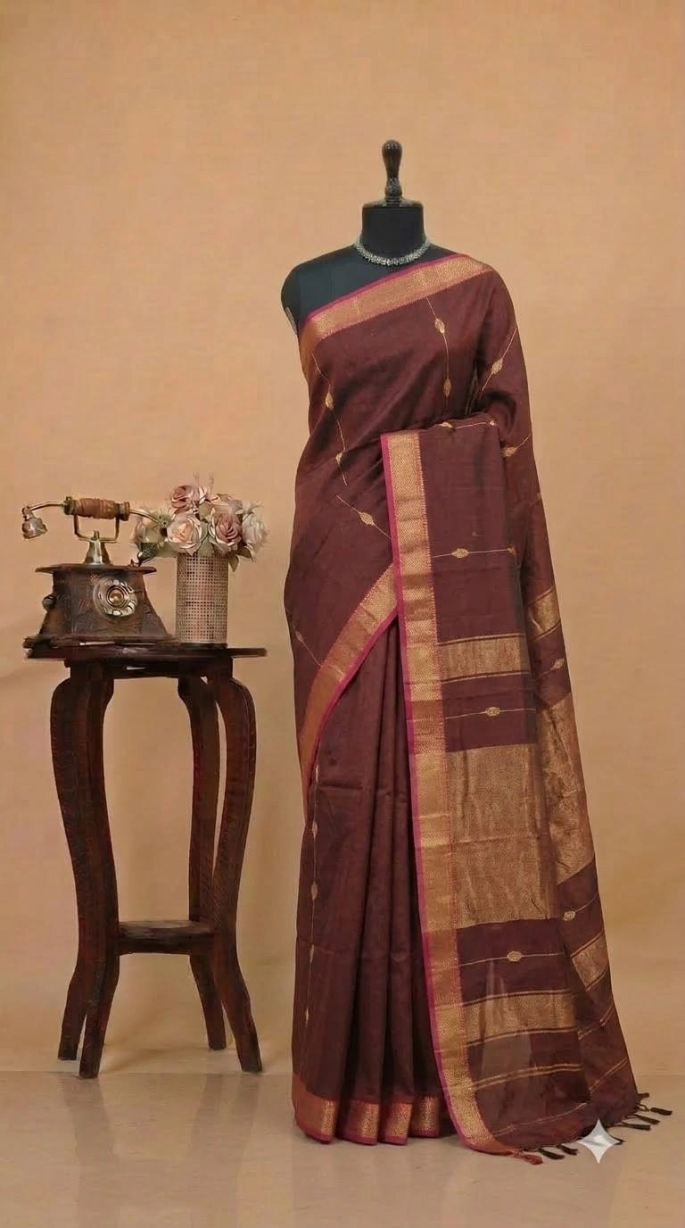 Dark Walnut Brown Pure Maheshwari Silk Saree 
