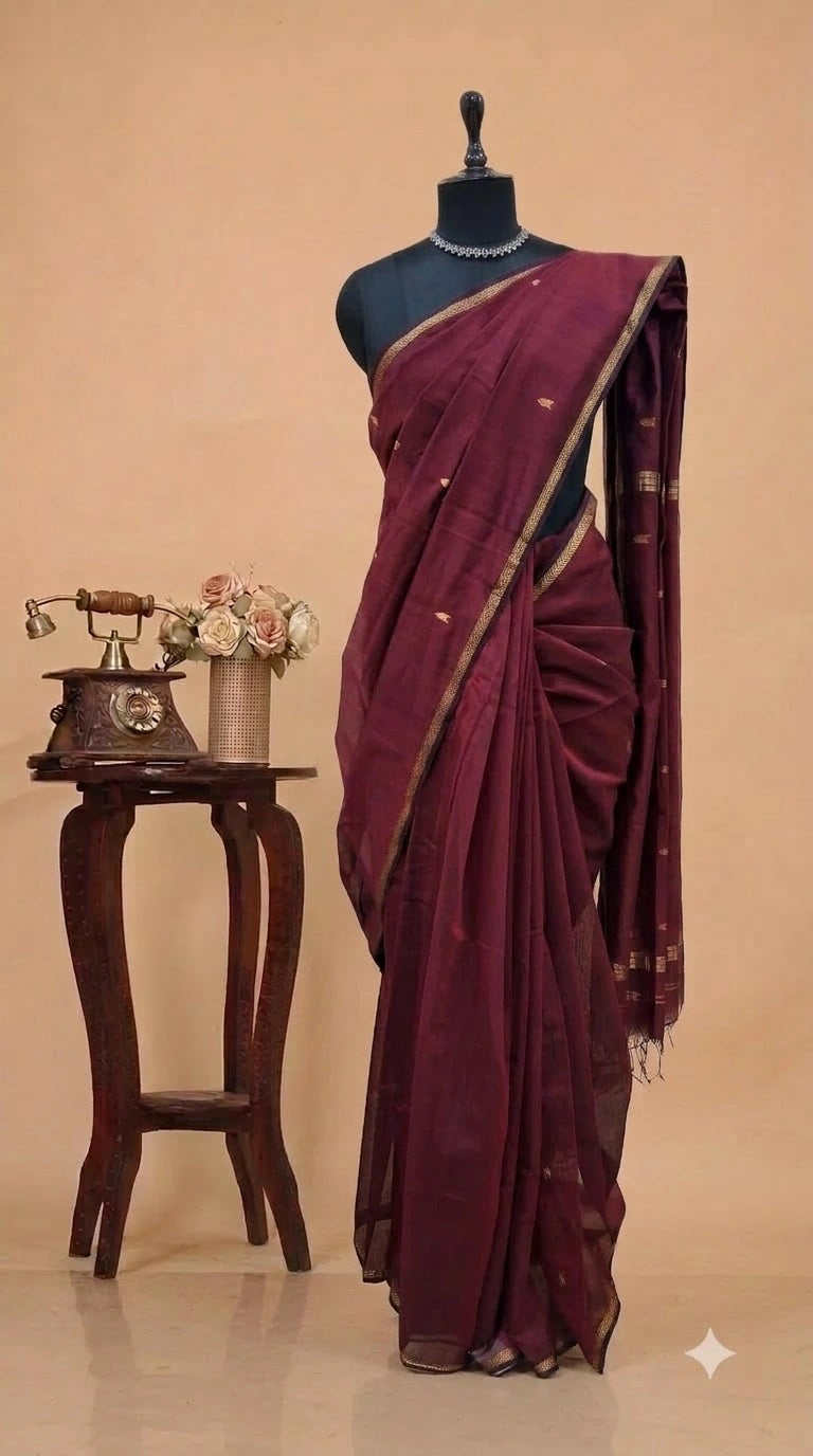Maroon Pure Maheshwari Silk Saree