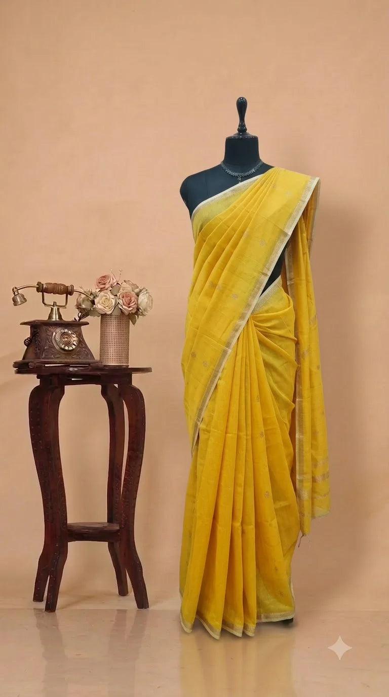Yellow Pure Maheshwari Silk Saree