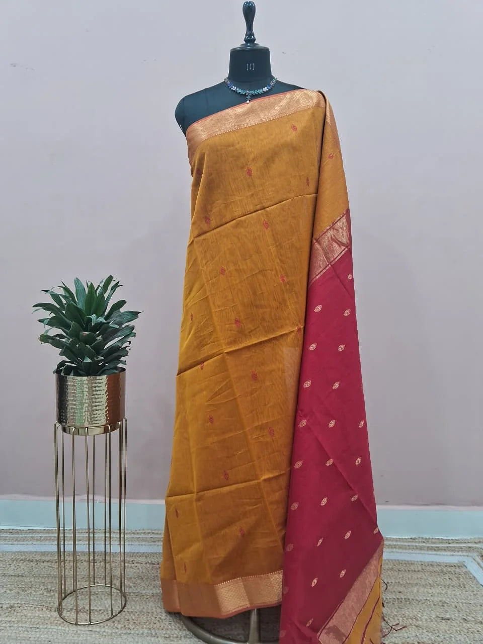 Dark Mustard Yellow Maheshwari Silk Saree 