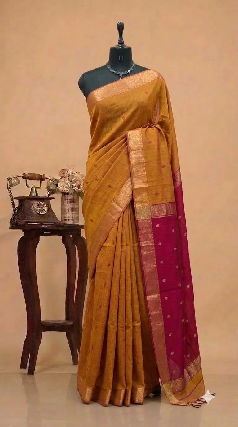 Dark Mustard Yellow Maheshwari Silk Saree 