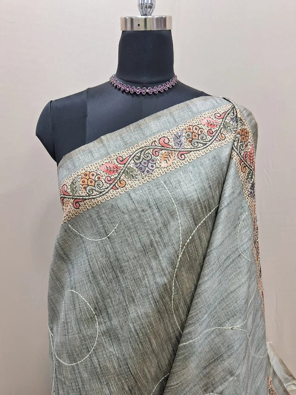 Elegant Elephant Grey Tussar saree 1