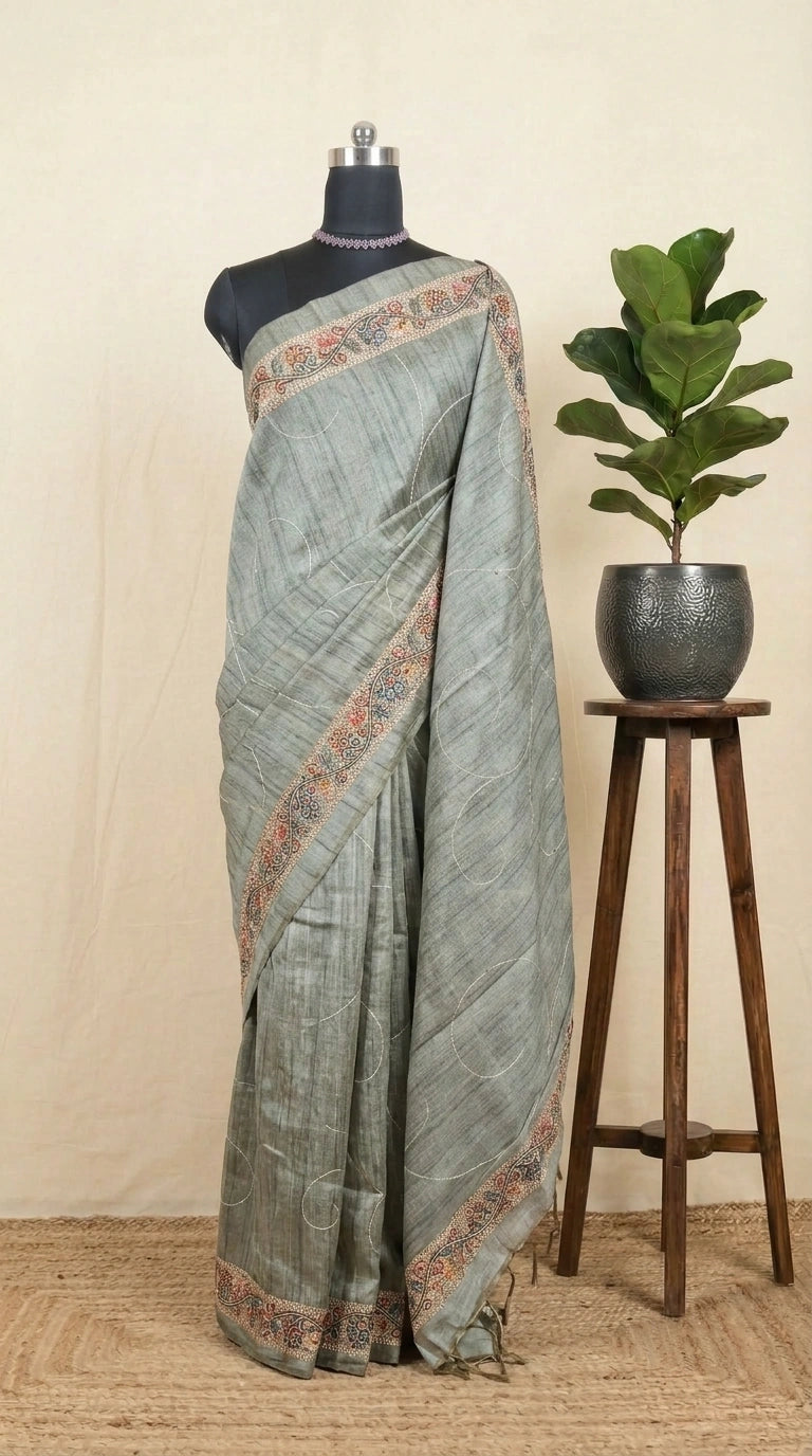Elegant Elephant Grey Tussar saree