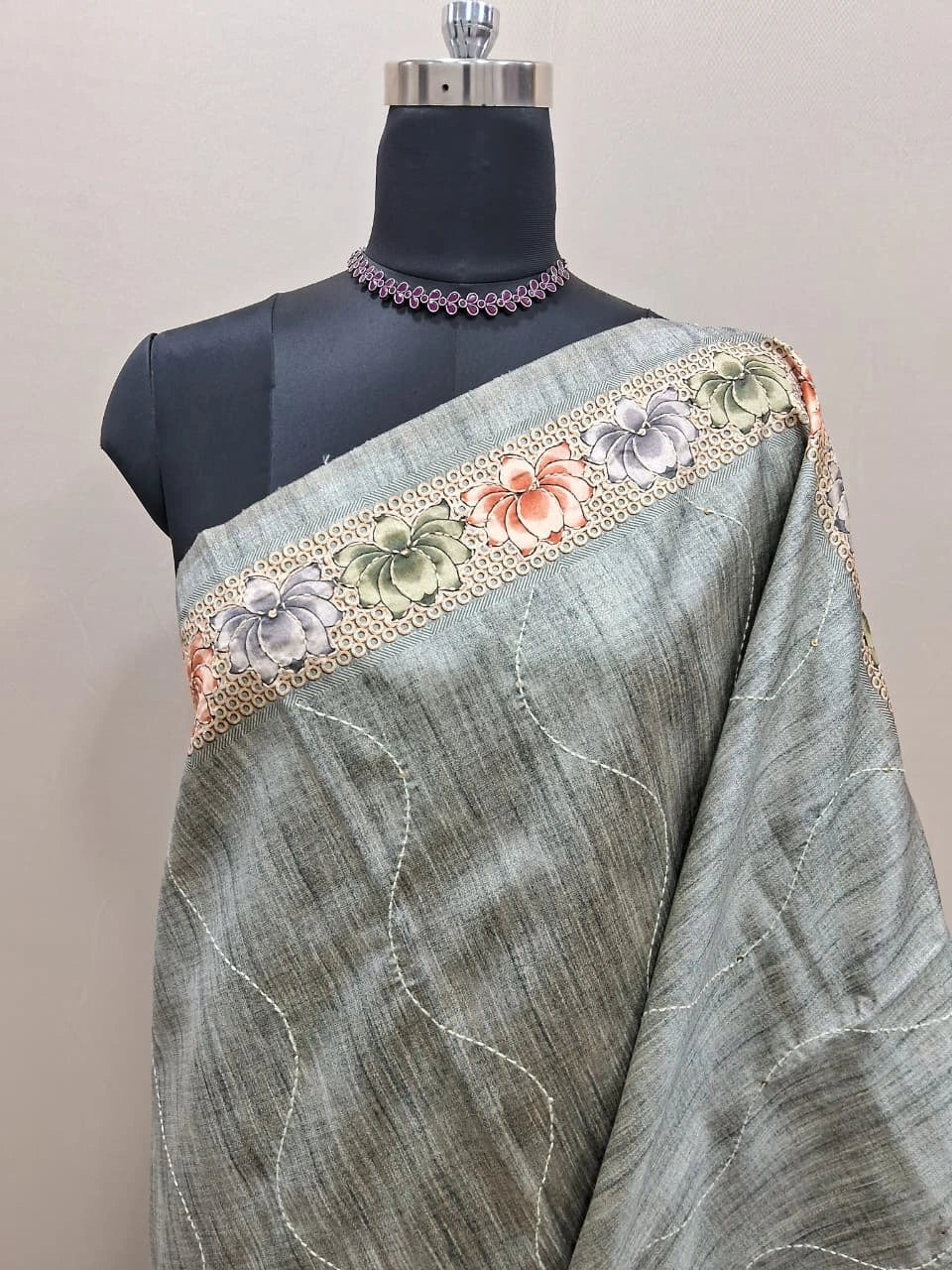 Elephant Grey Tussar Saree with Self Embroidery 1