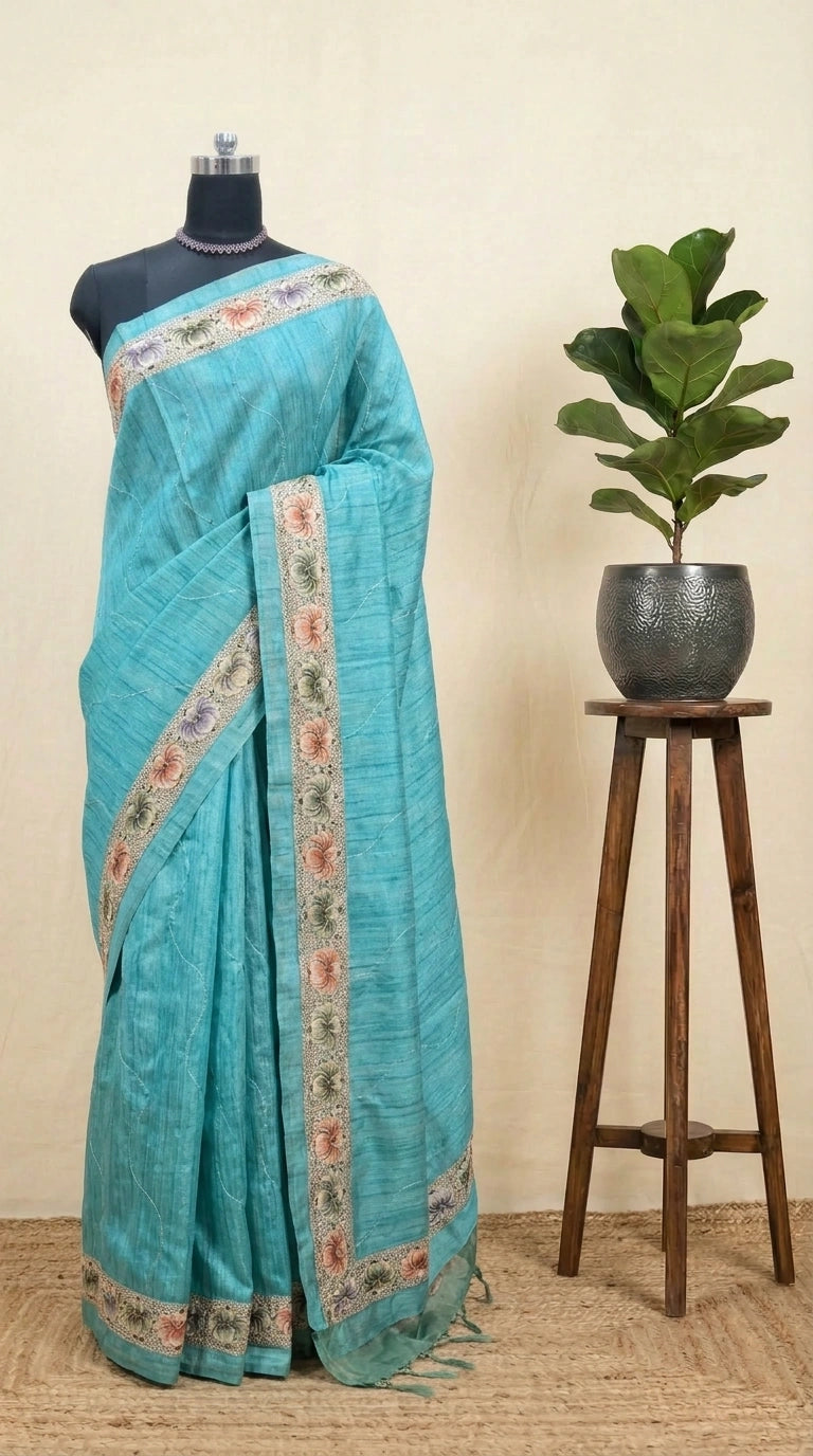 Sky Blue Tussar Saree