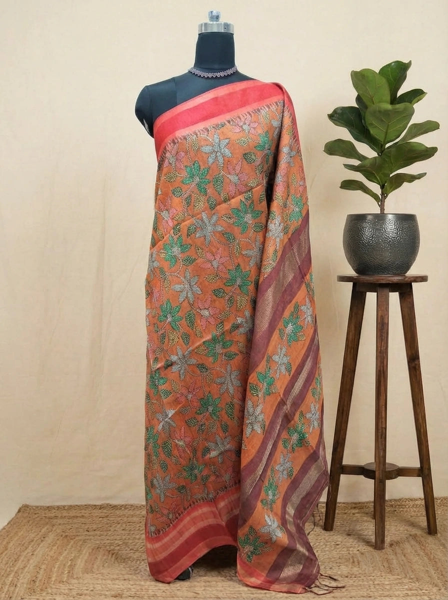 Orange Semi Tussar Saree