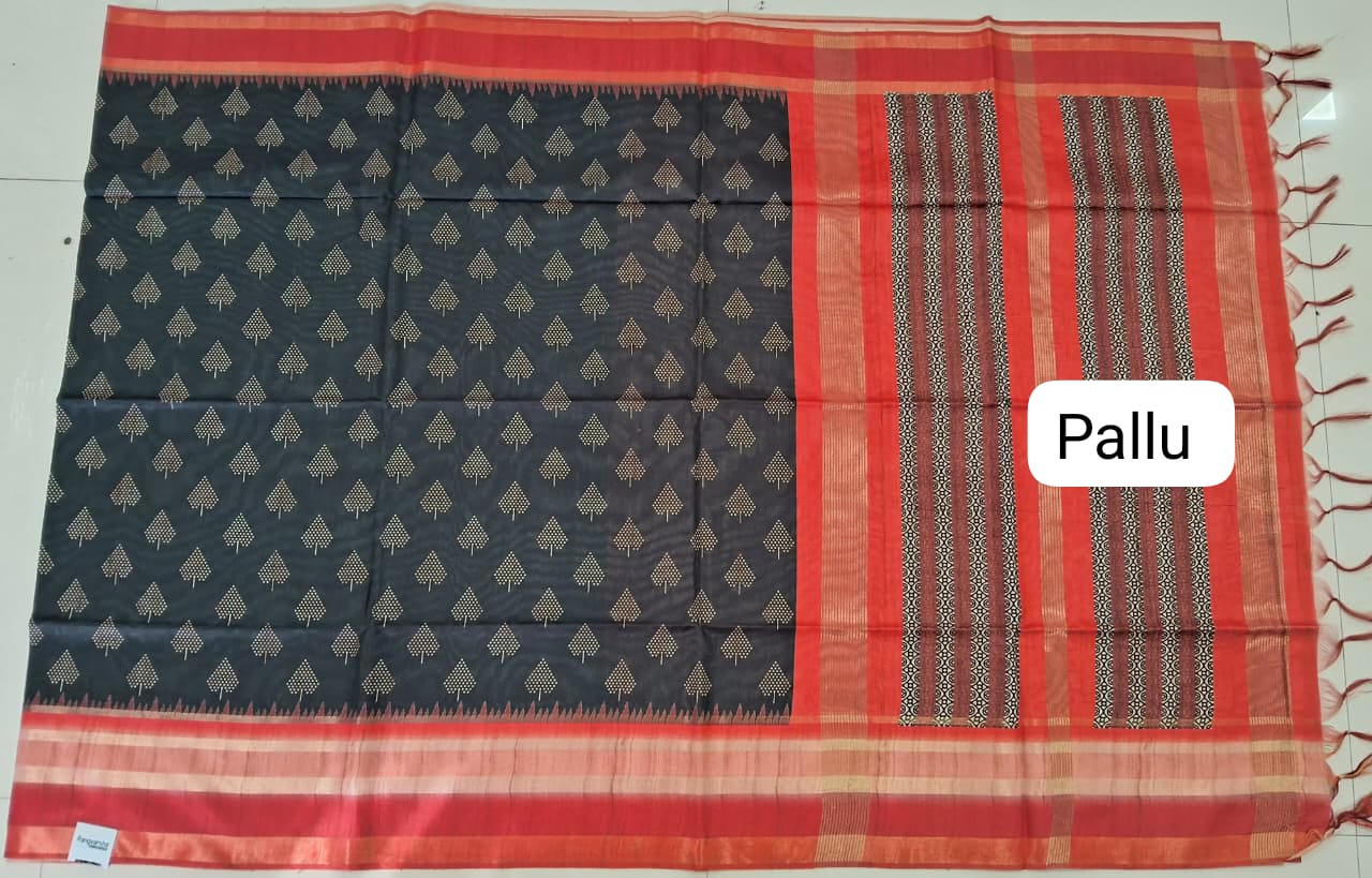 Black Semi Tussar Saree Pallu