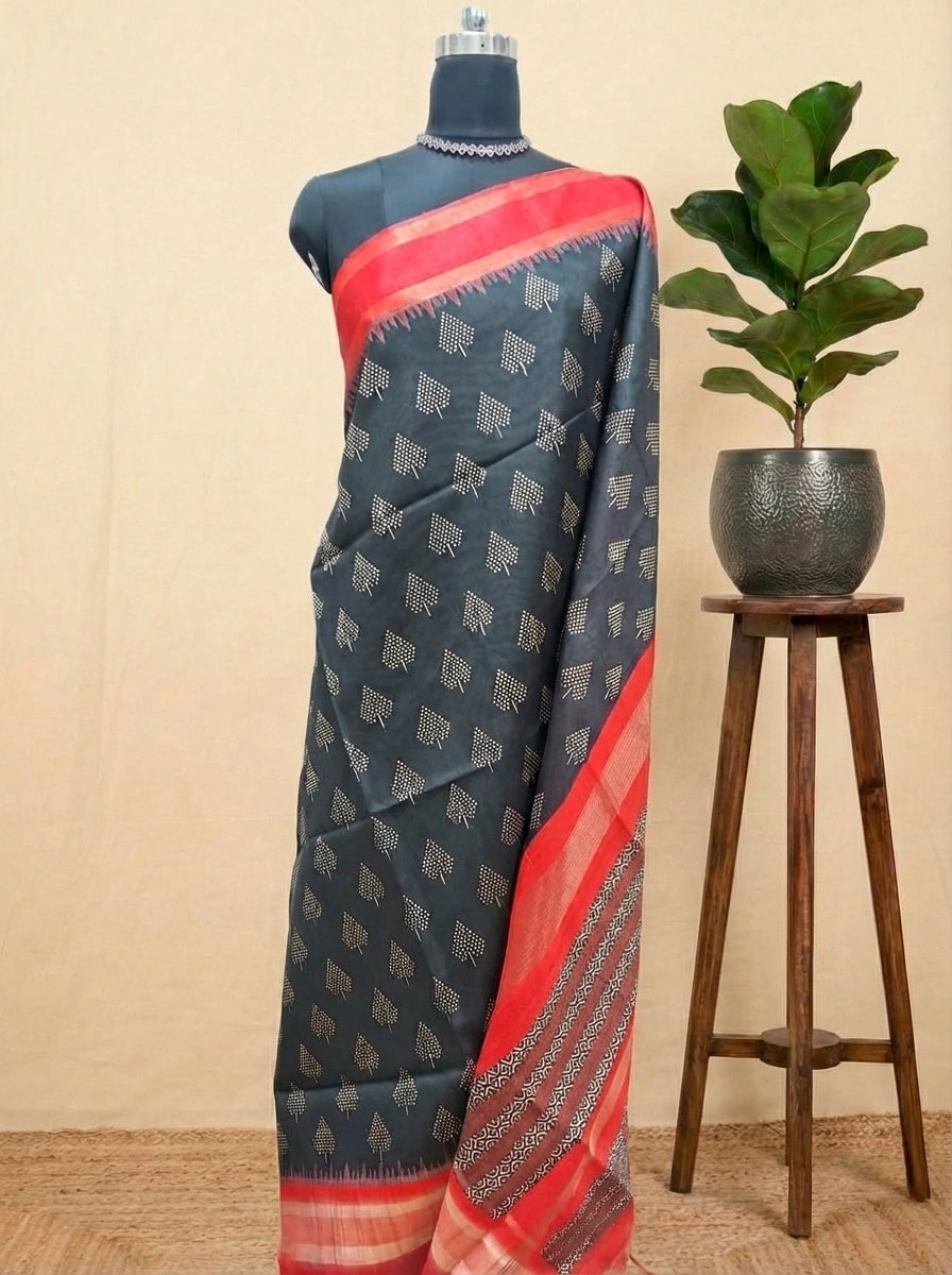 Black Semi Tussar Saree with Festive Grace