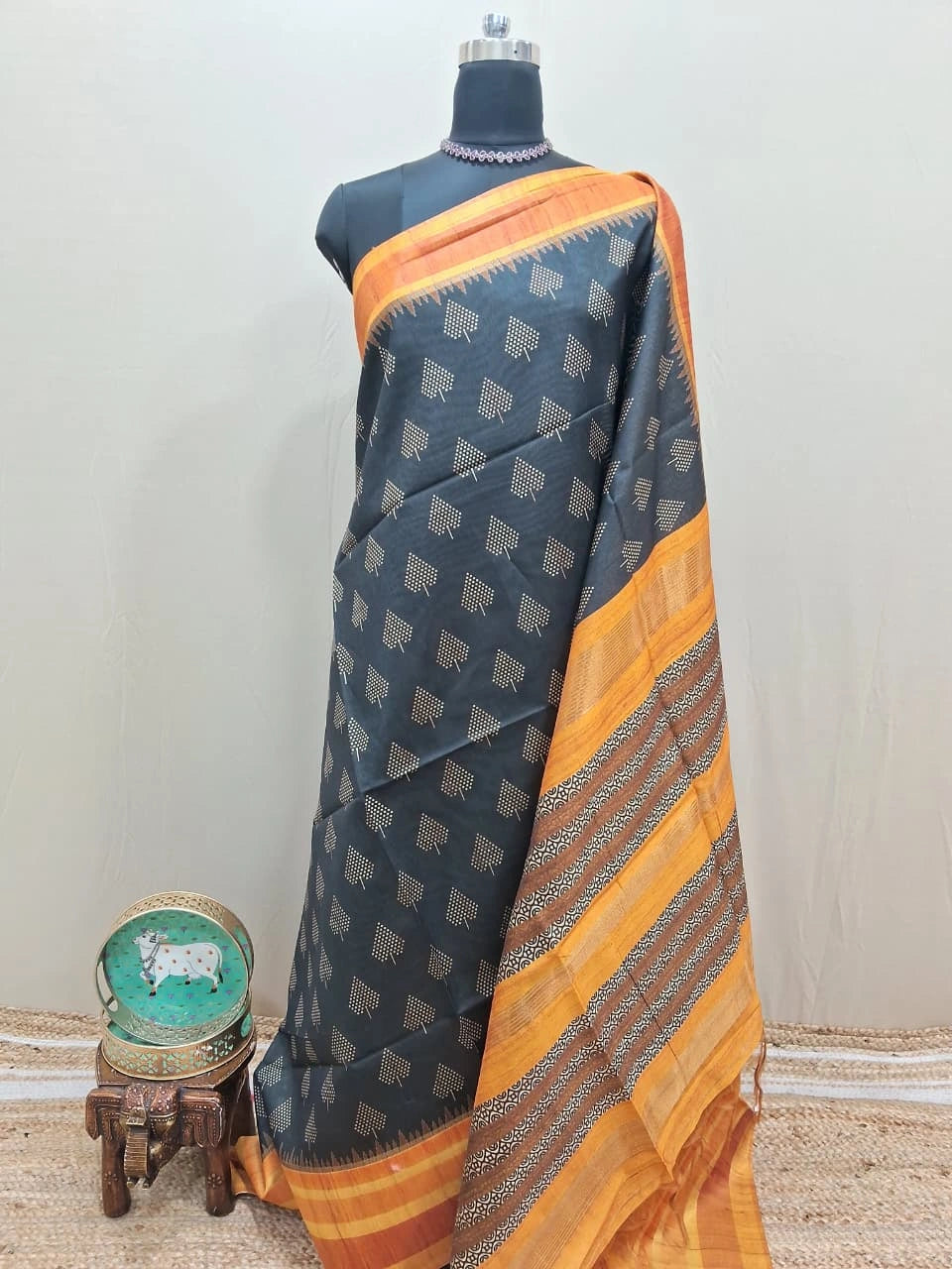 Elegant Black Semi Tussar Saree for Festive Wear