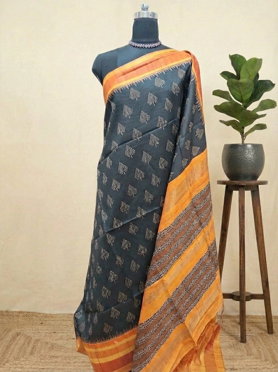 Elegant Black Semi Tussar Saree 