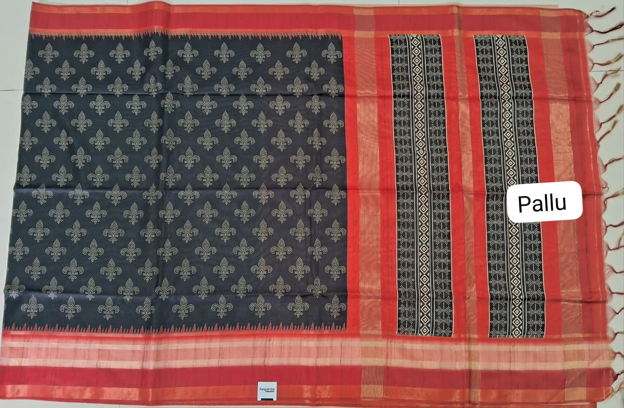 Black Semi Tussar Saree Pallu