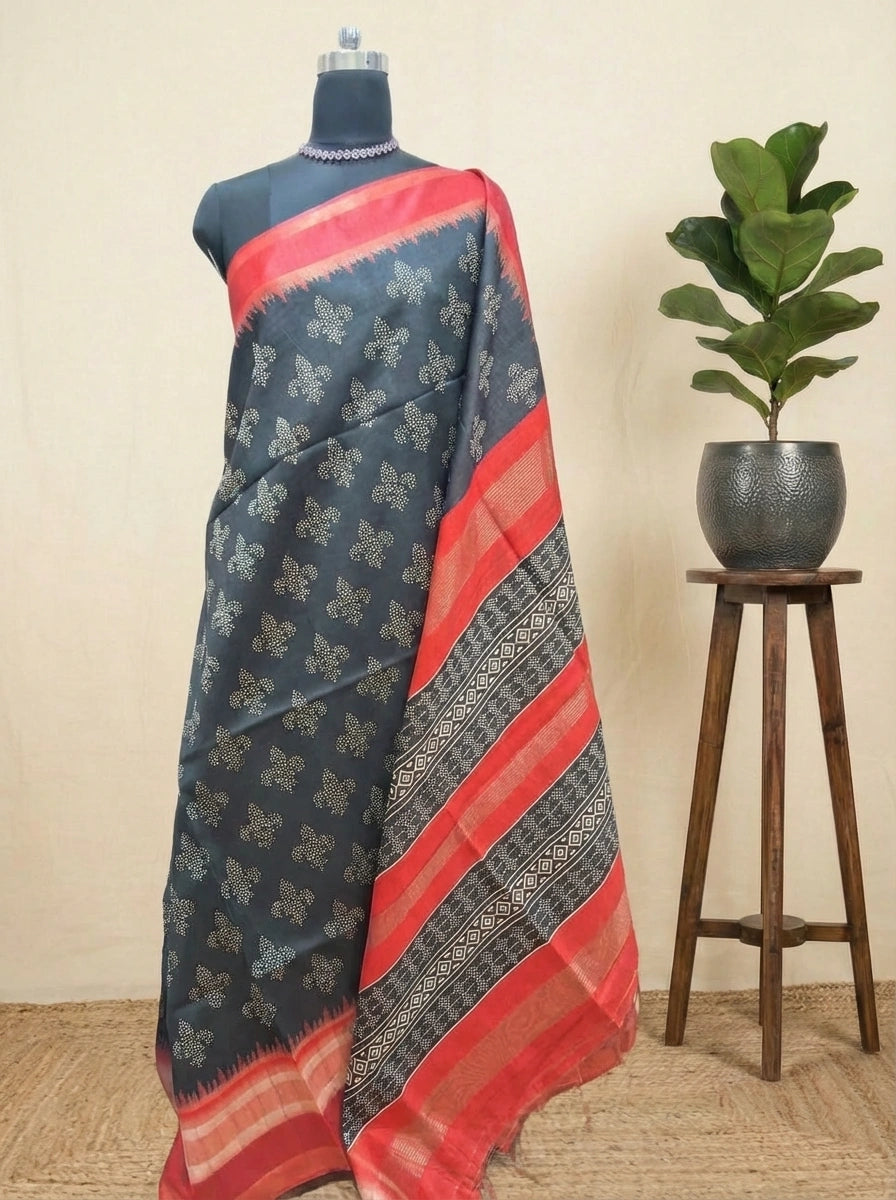 Elegant Black Pure Semi Tussar Saree