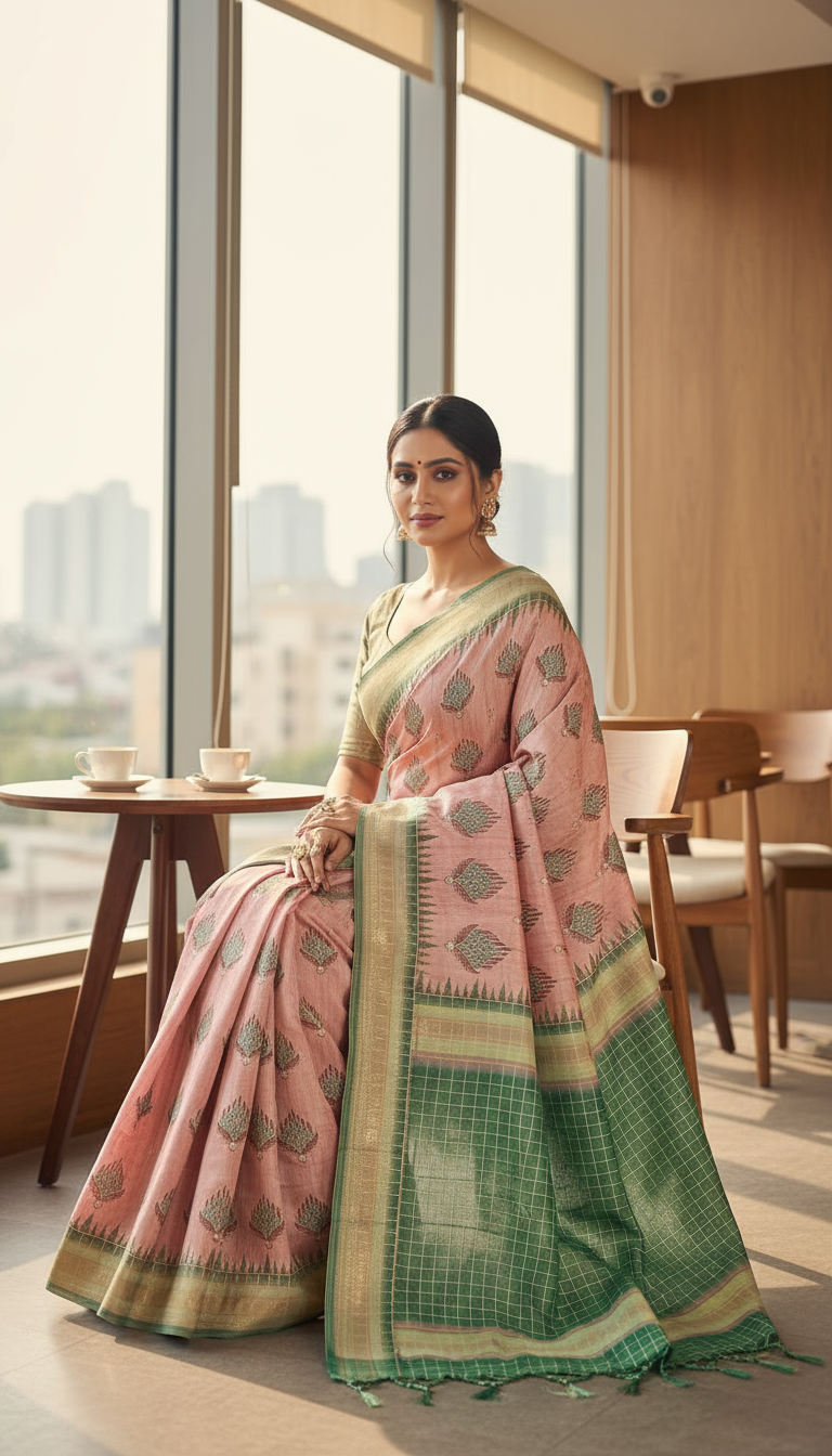 Blush Pink Semi Tussar Saree