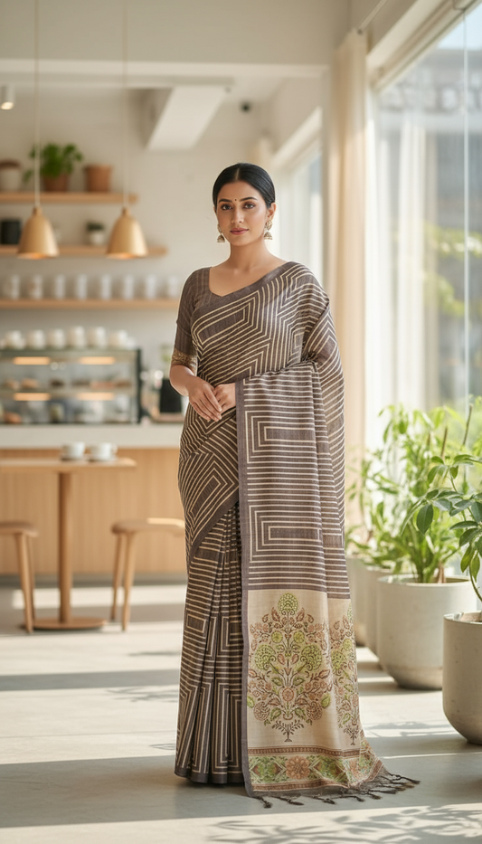 Light Chocolate Brown Semi Tussar Saree