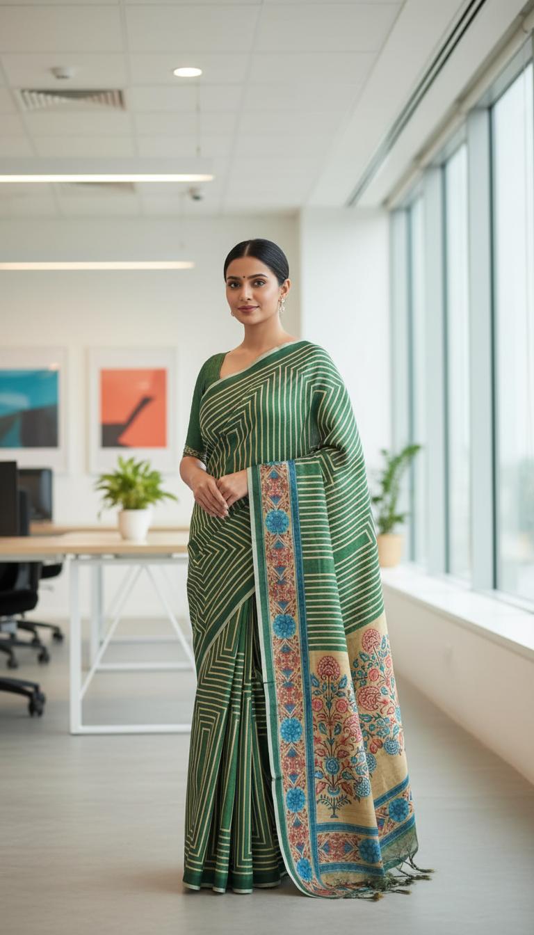 Green Semi Tussar Saree